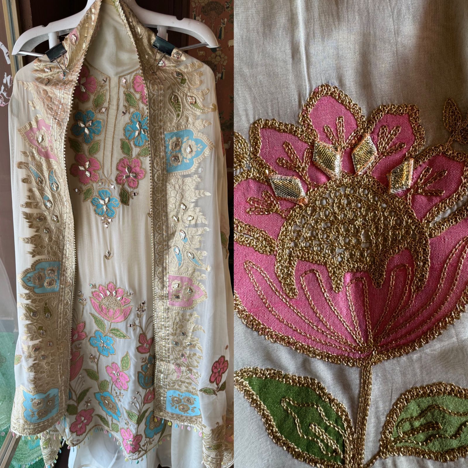 Soft organza Shirt unstitched Shirt with floral shimmer handcraft patchwork And zari Kadhai on it.