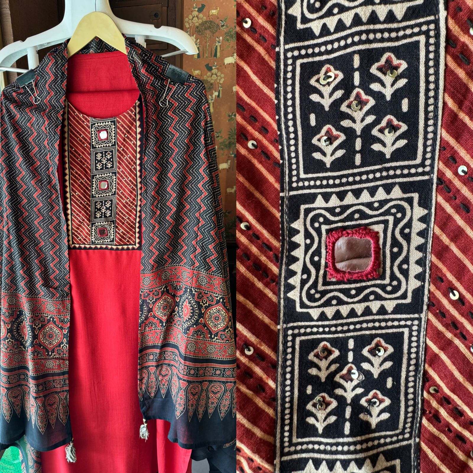 Jam cotton Unstitched shirt with Jaipuri Printed neckline with mirror highlighting