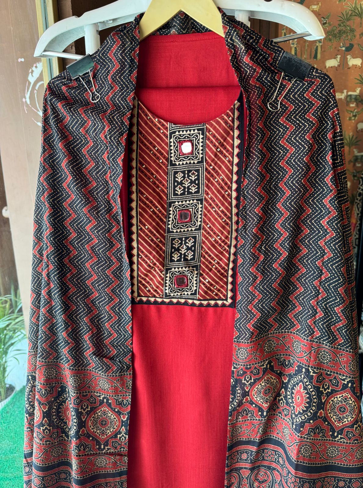 Jam cotton Unstitched shirt with Jaipuri Printed neckline with mirror highlighting