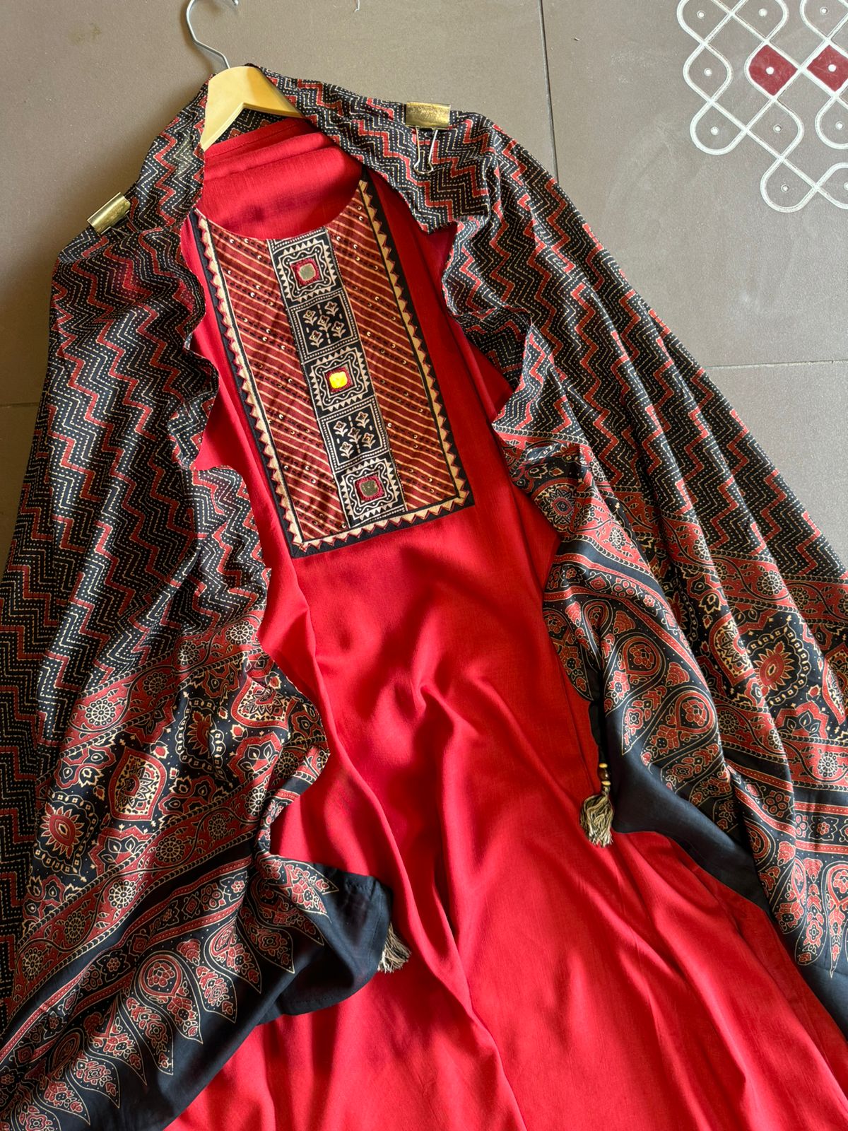 Jam cotton Unstitched shirt with Jaipuri Printed neckline with mirror highlighting