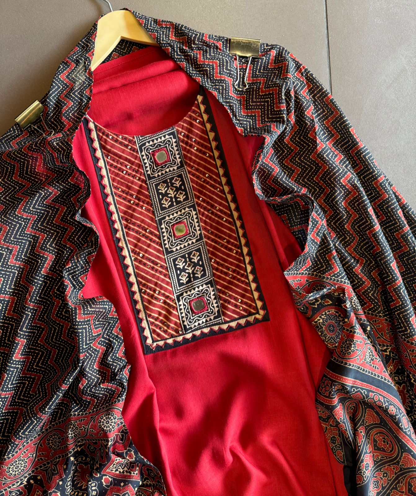 Jam cotton Unstitched shirt with Jaipuri Printed neckline with mirror highlighting