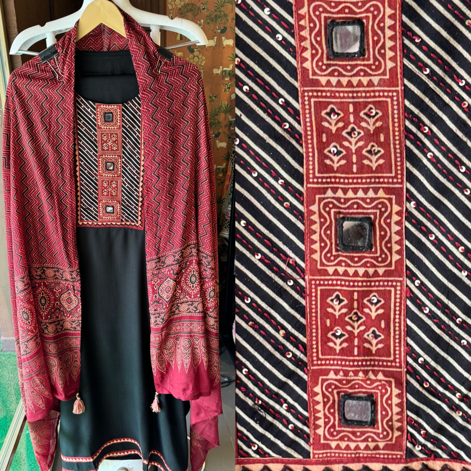 Jam cotton Unstitched shirt with Jaipuri Printed neckline with mirror highlighting