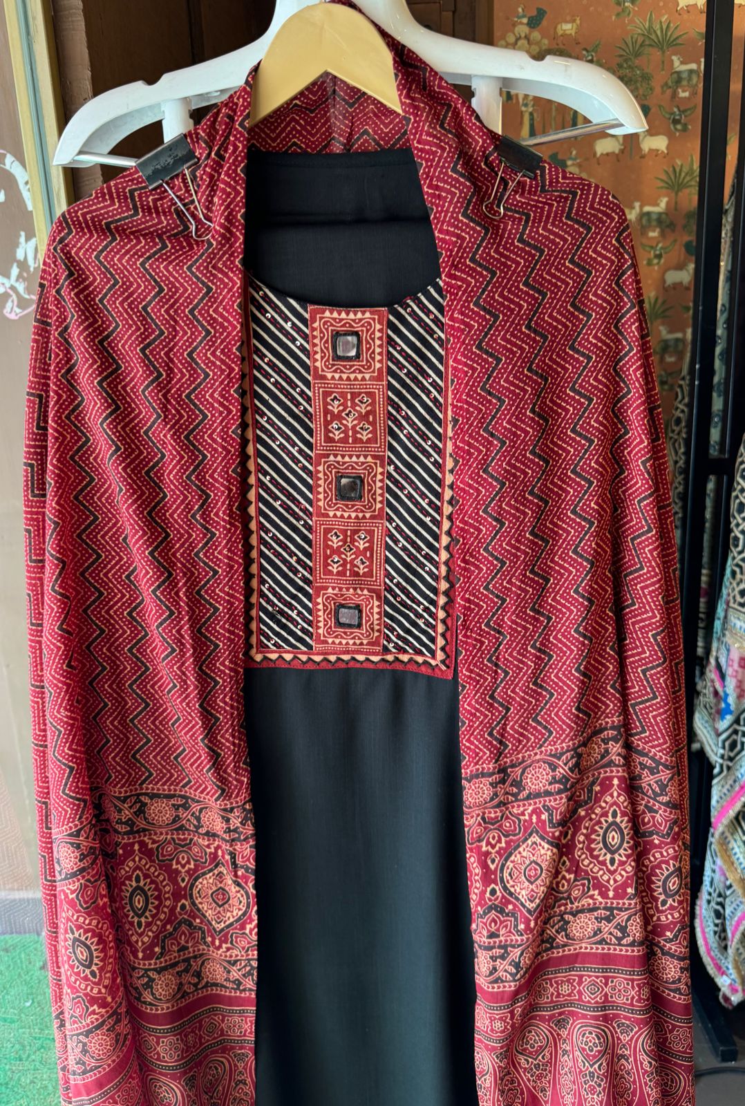 Jam cotton Unstitched shirt with Jaipuri Printed neckline with mirror highlighting