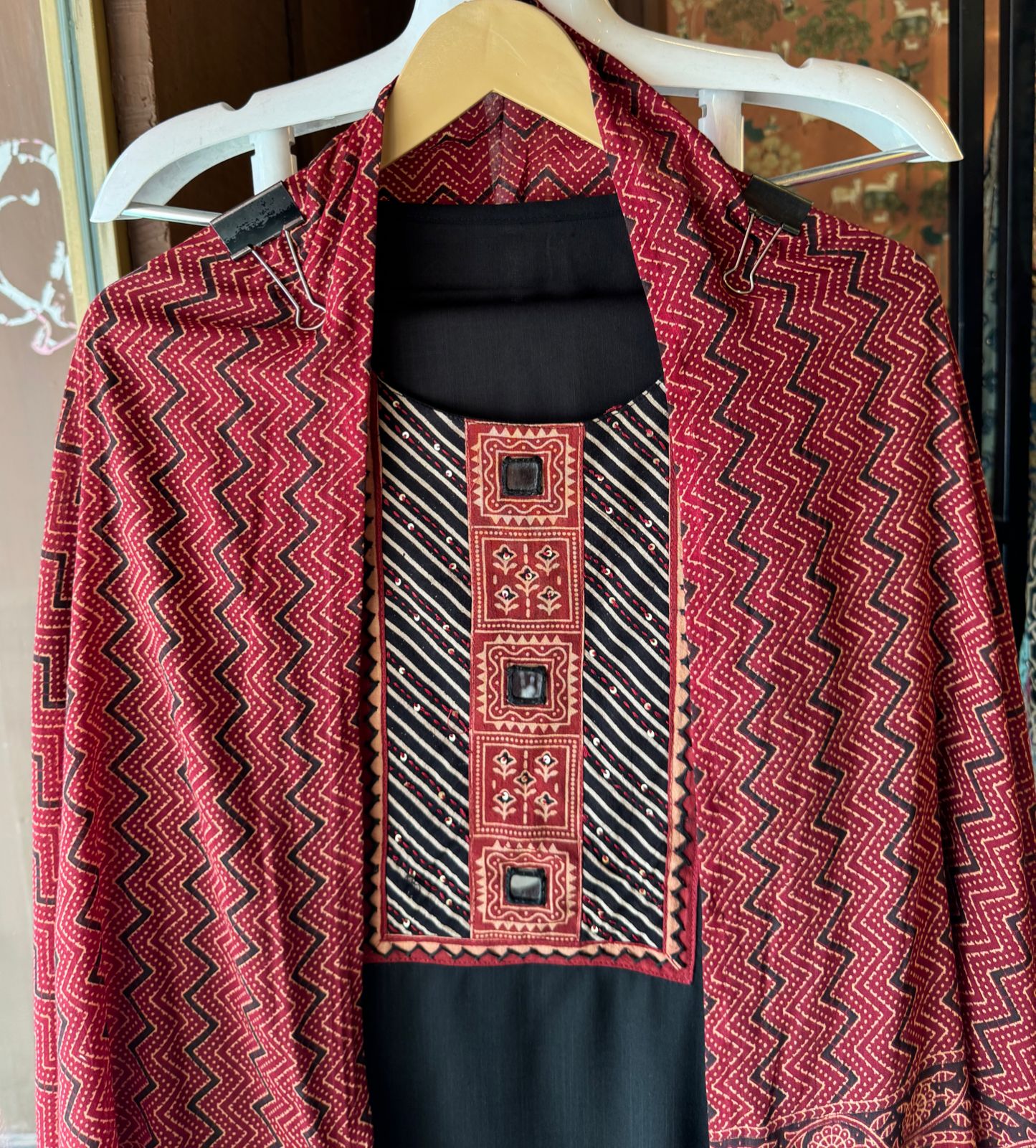 Jam cotton Unstitched shirt with Jaipuri Printed neckline with mirror highlighting