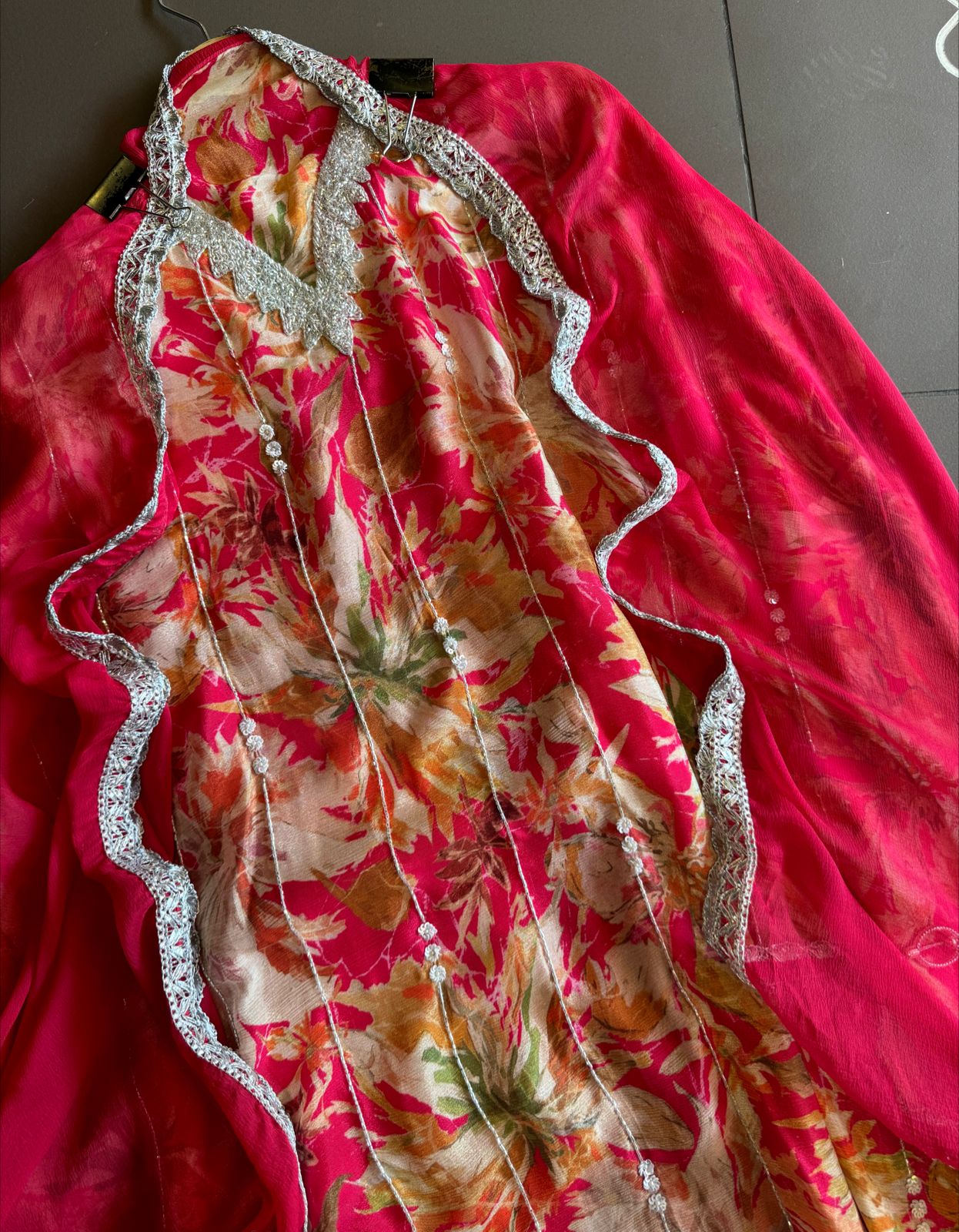 Pure chinon floral digital printed Shirt with nalki work on the shirt front with V neck design