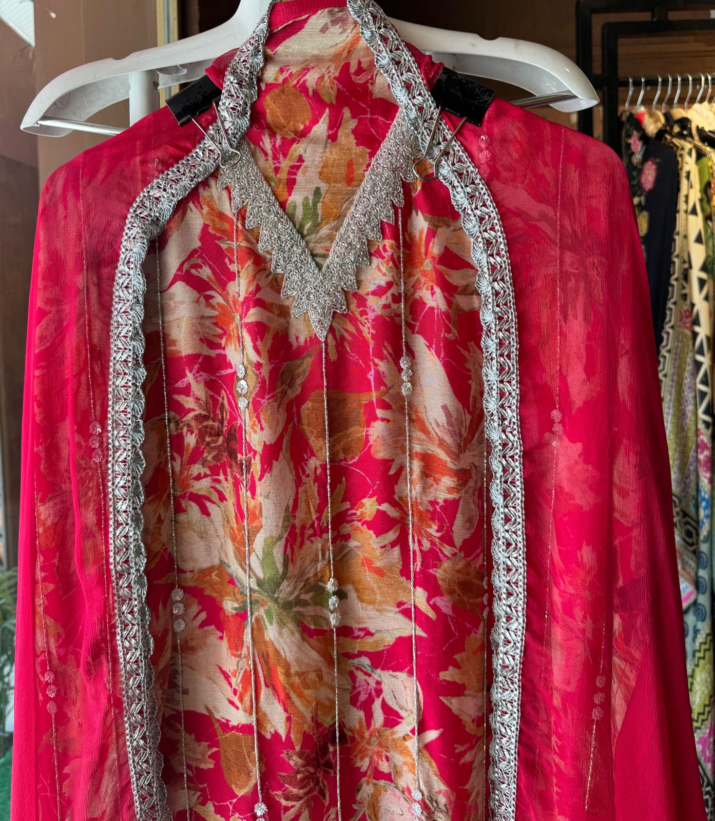 Pure chinon floral digital printed Shirt with nalki work on the shirt front with V neck design