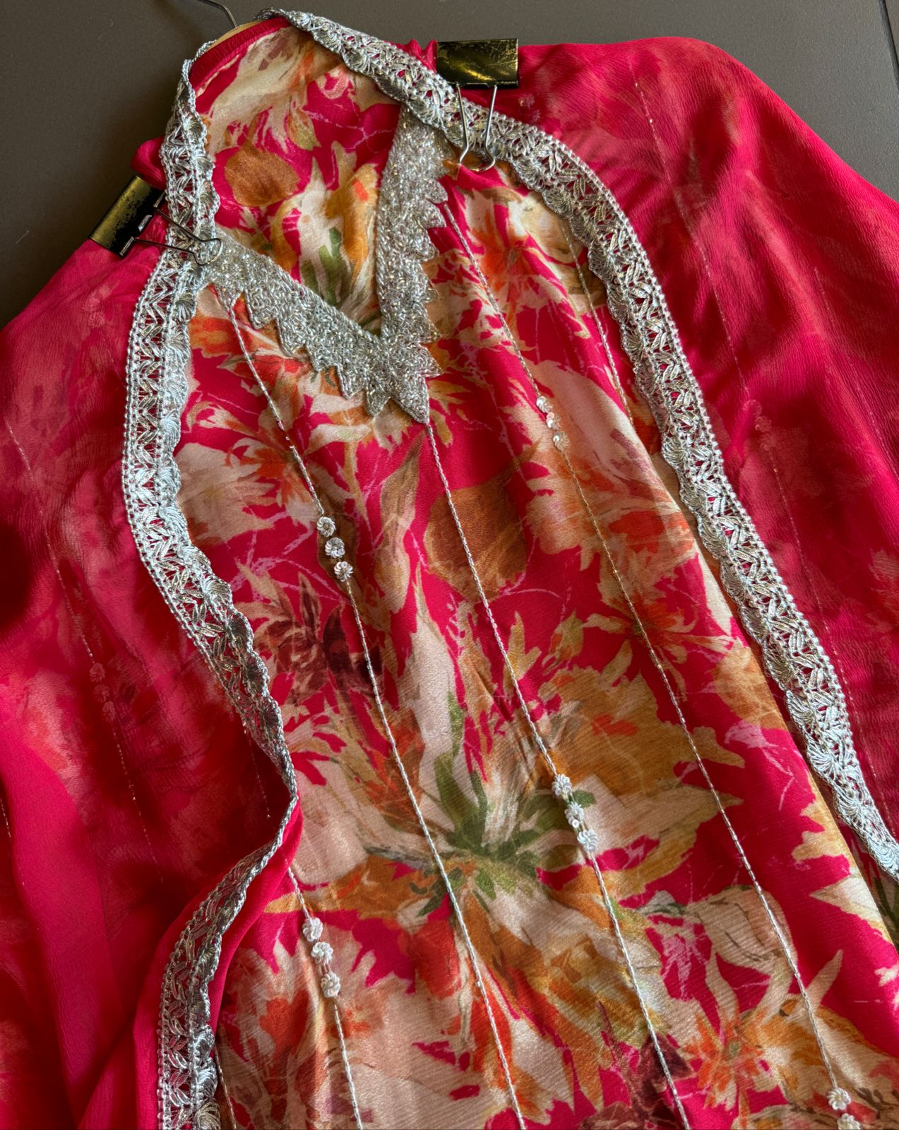 Pure chinon floral digital printed Shirt with nalki work on the shirt front with V neck design