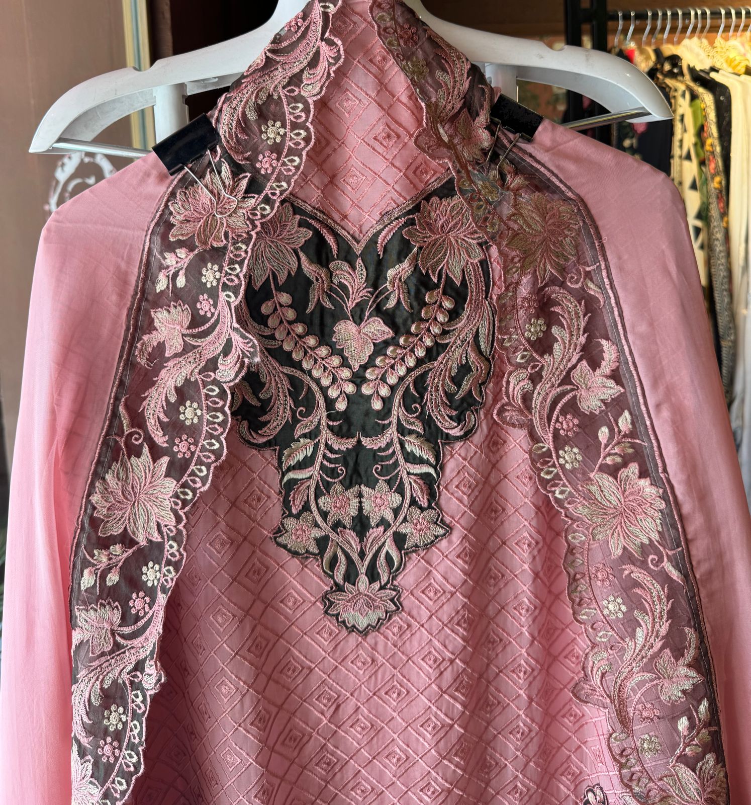 Soft organza self embroidered base with embroidered patchwork on the neckline with designer ghera and lacework done