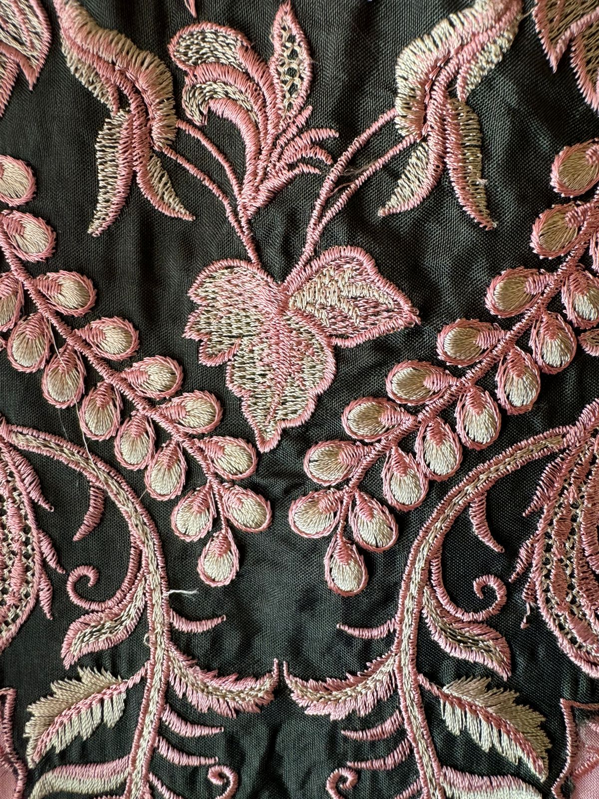 Soft organza self embroidered base with embroidered patchwork on the neckline with designer ghera and lacework done