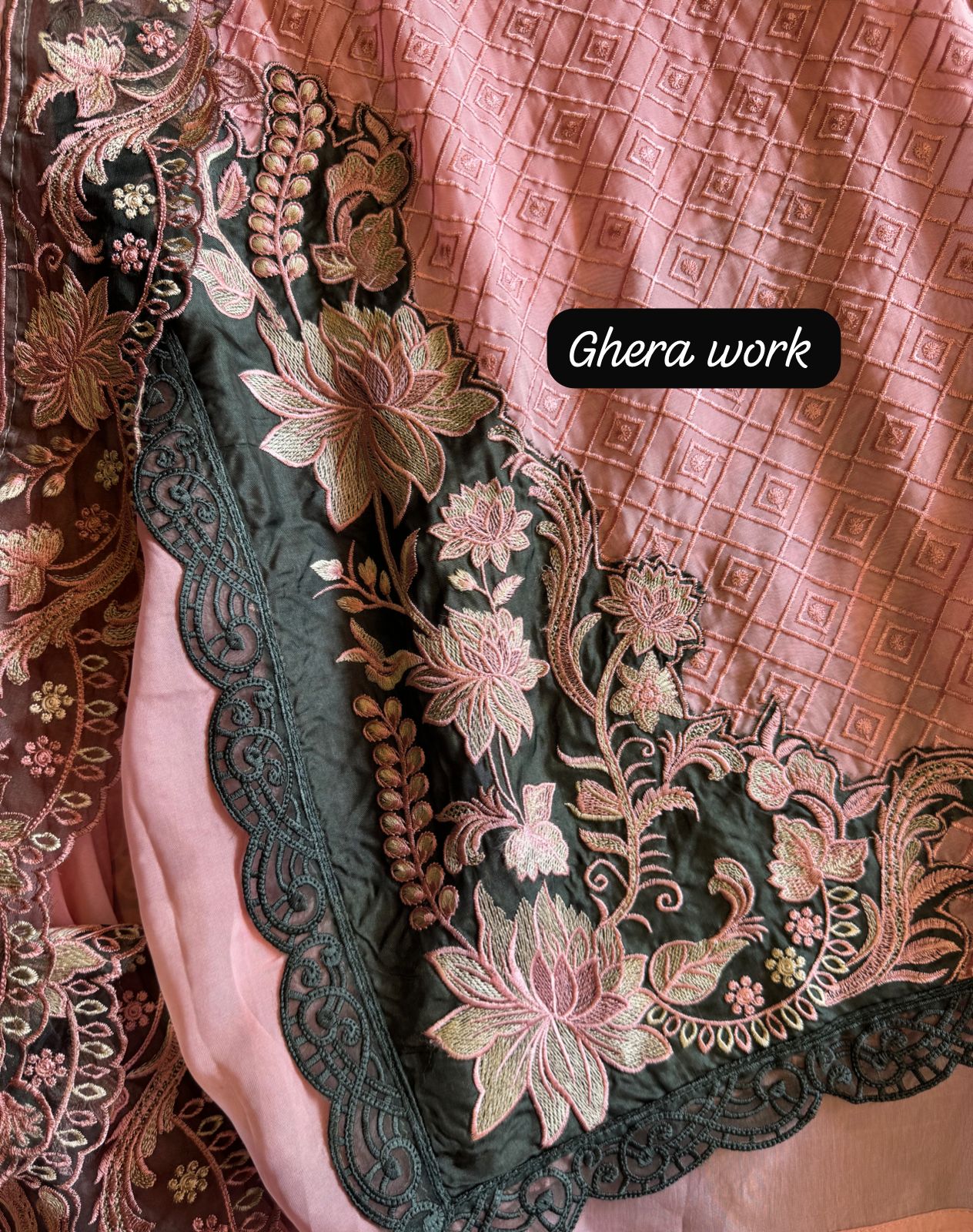 Soft organza self embroidered base with embroidered patchwork on the neckline with designer ghera and lacework done