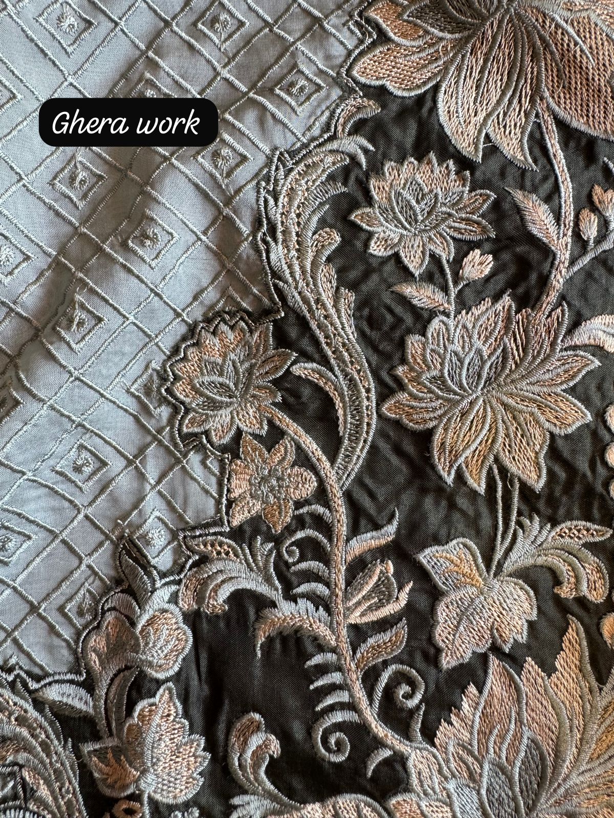 Soft organza self embroidered base with embroidered patchwork on the neckline with designer ghera and lacework done