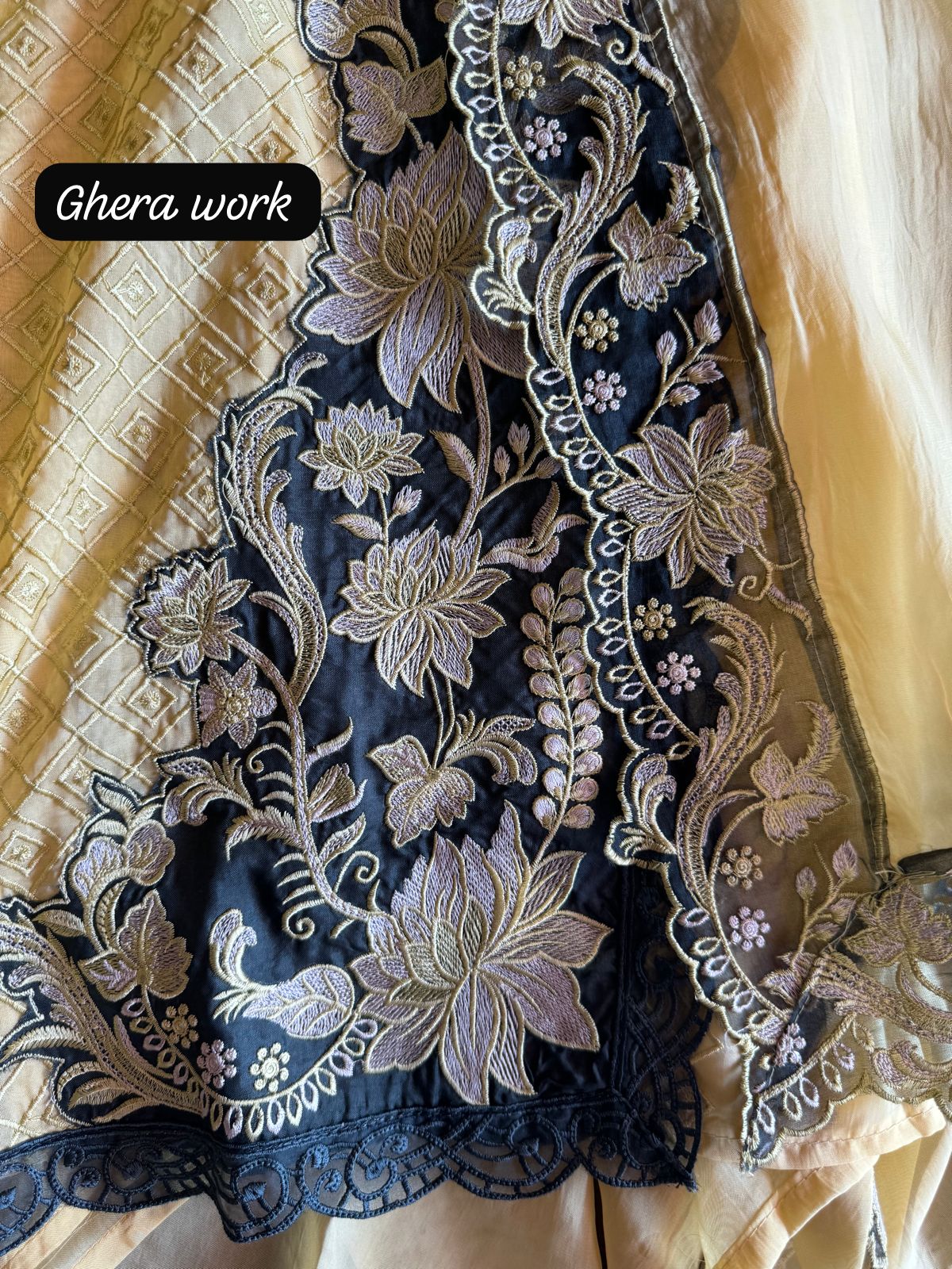 Soft organza self embroidered base with embroidered patchwork on the neckline with designer ghera and lacework done