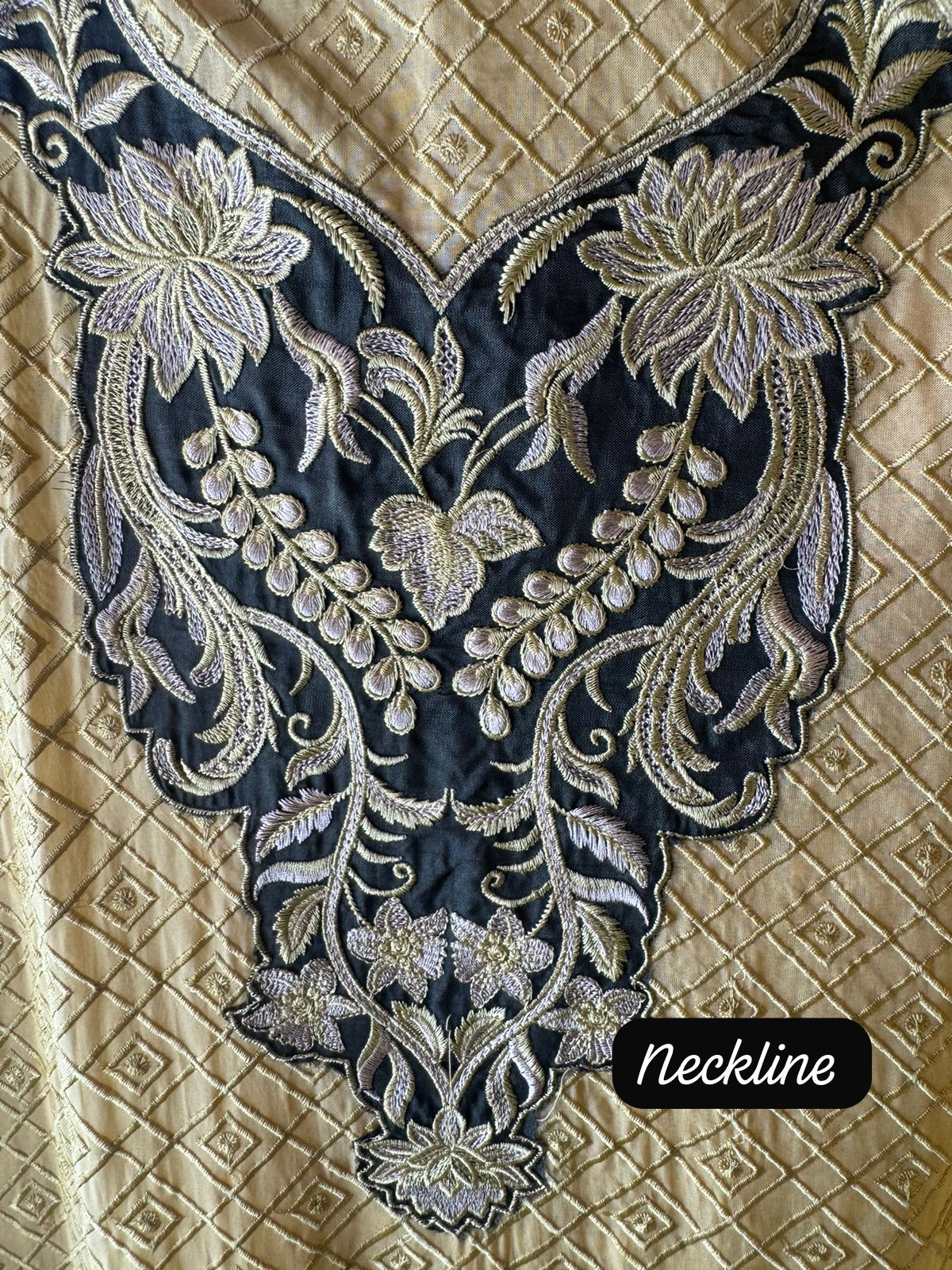 Soft organza self embroidered base with embroidered patchwork on the neckline with designer ghera and lacework done