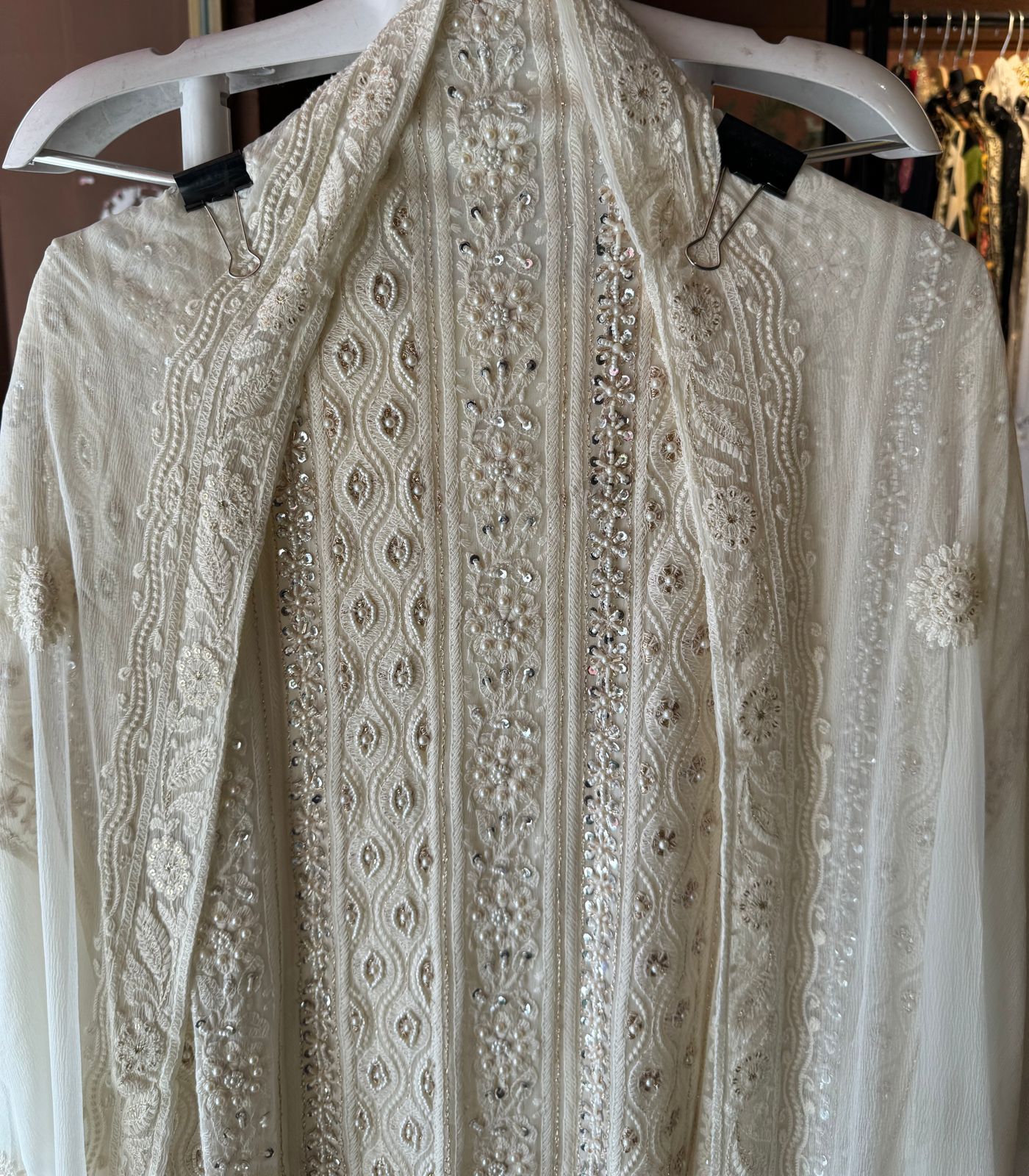 Pure Georgette Suits with Handwork done (Pearl work) with Pure chiffon embroidered Dupatta