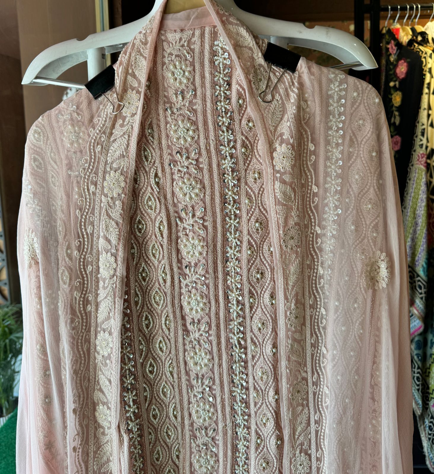 Pure Georgette Suits with Handwork done (Pearl work) with Pure chiffon embroidered Dupatta