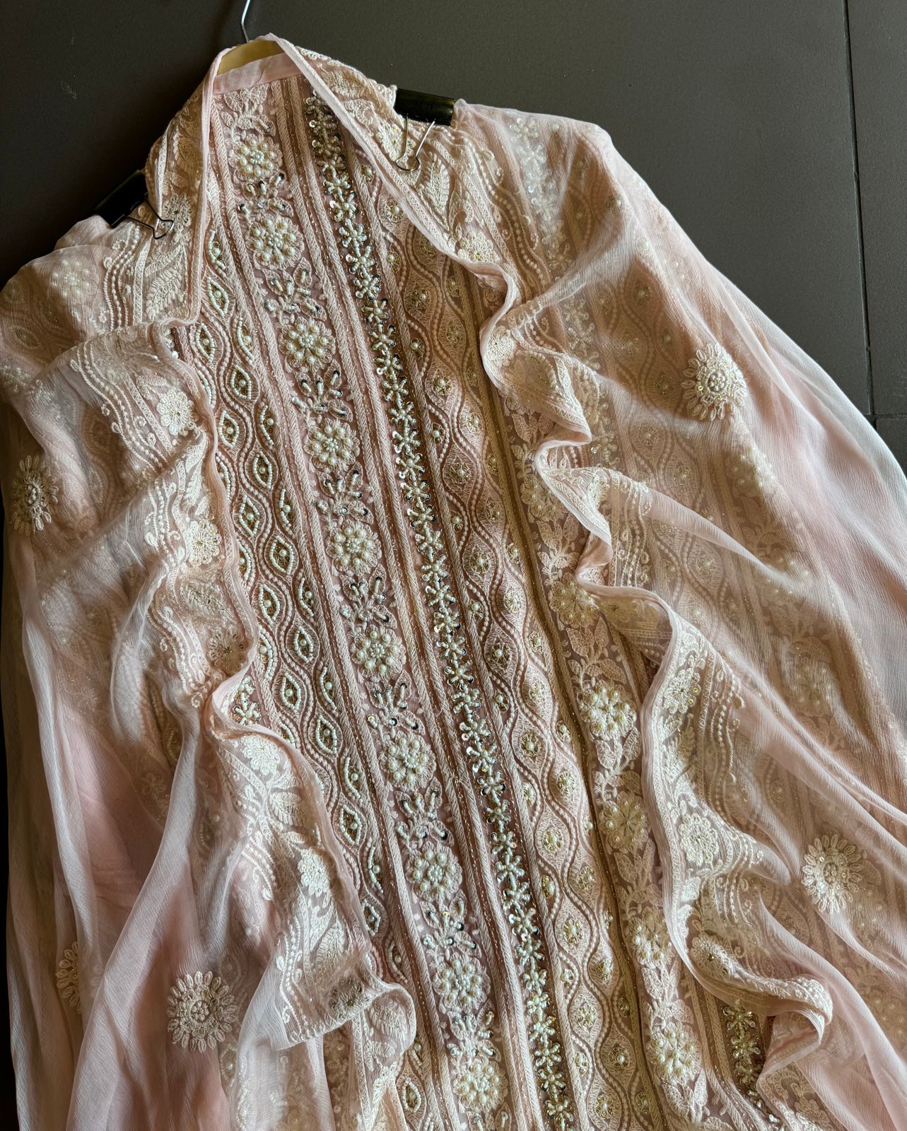 Pure Georgette Suits with Handwork done (Pearl work) with Pure chiffon embroidered Dupatta