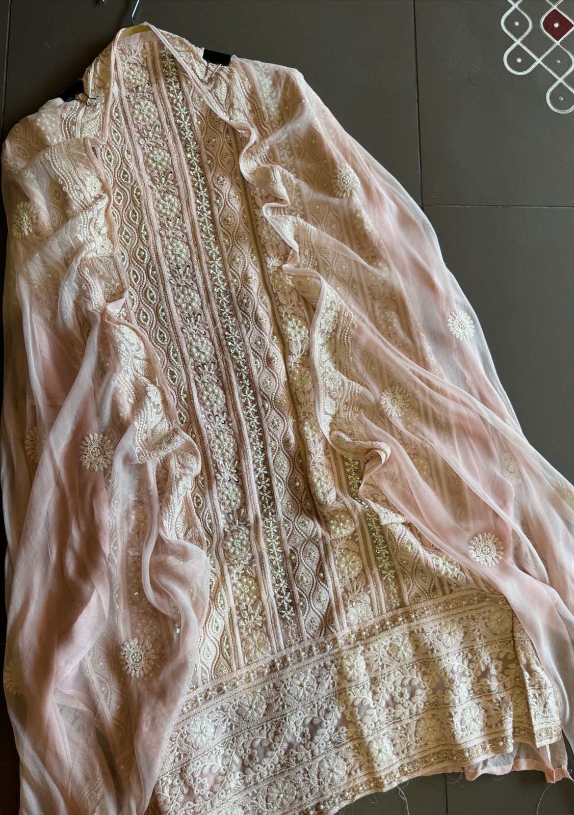 Pure Georgette Suits with Handwork done (Pearl work) with Pure chiffon embroidered Dupatta