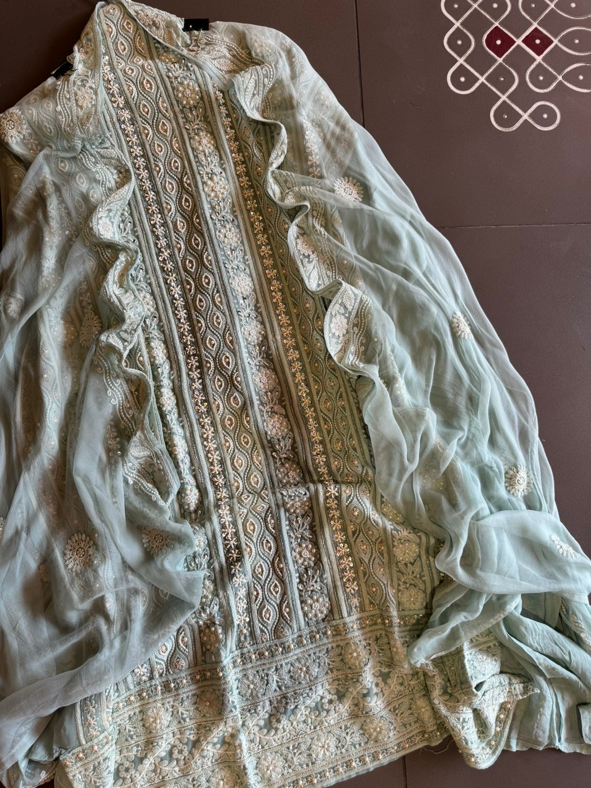 Pure Georgette Suits with Handwork done (Pearl work) with Pure chiffon embroidered Dupatta