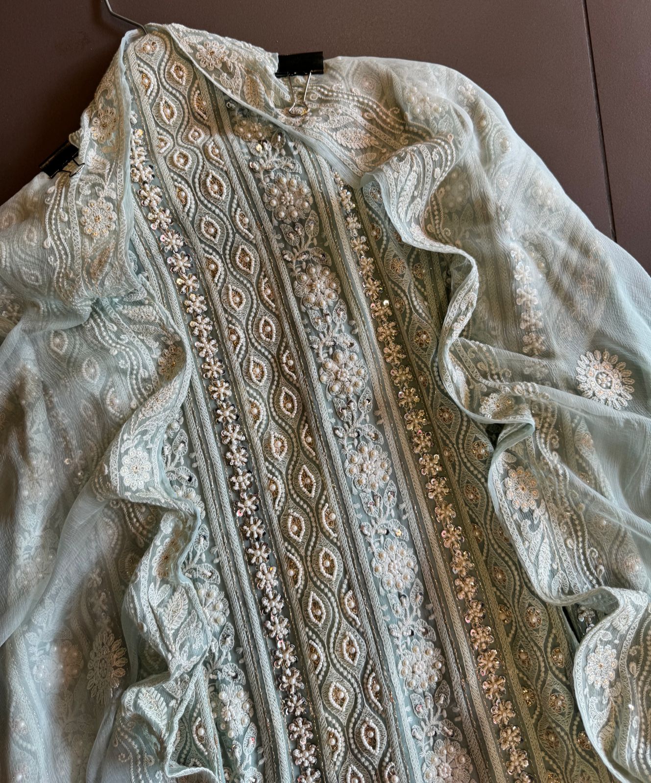 Pure Georgette Suits with Handwork done (Pearl work) with Pure chiffon embroidered Dupatta