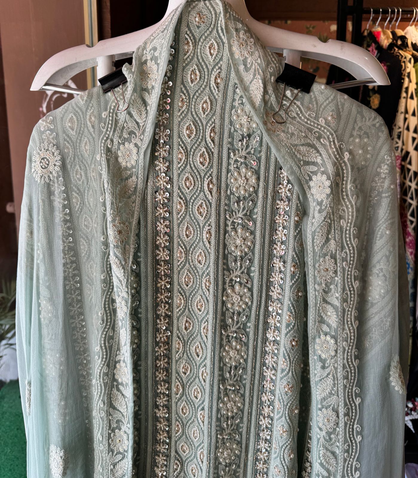 Pure Georgette Suits with Handwork done (Pearl work) with Pure chiffon embroidered Dupatta