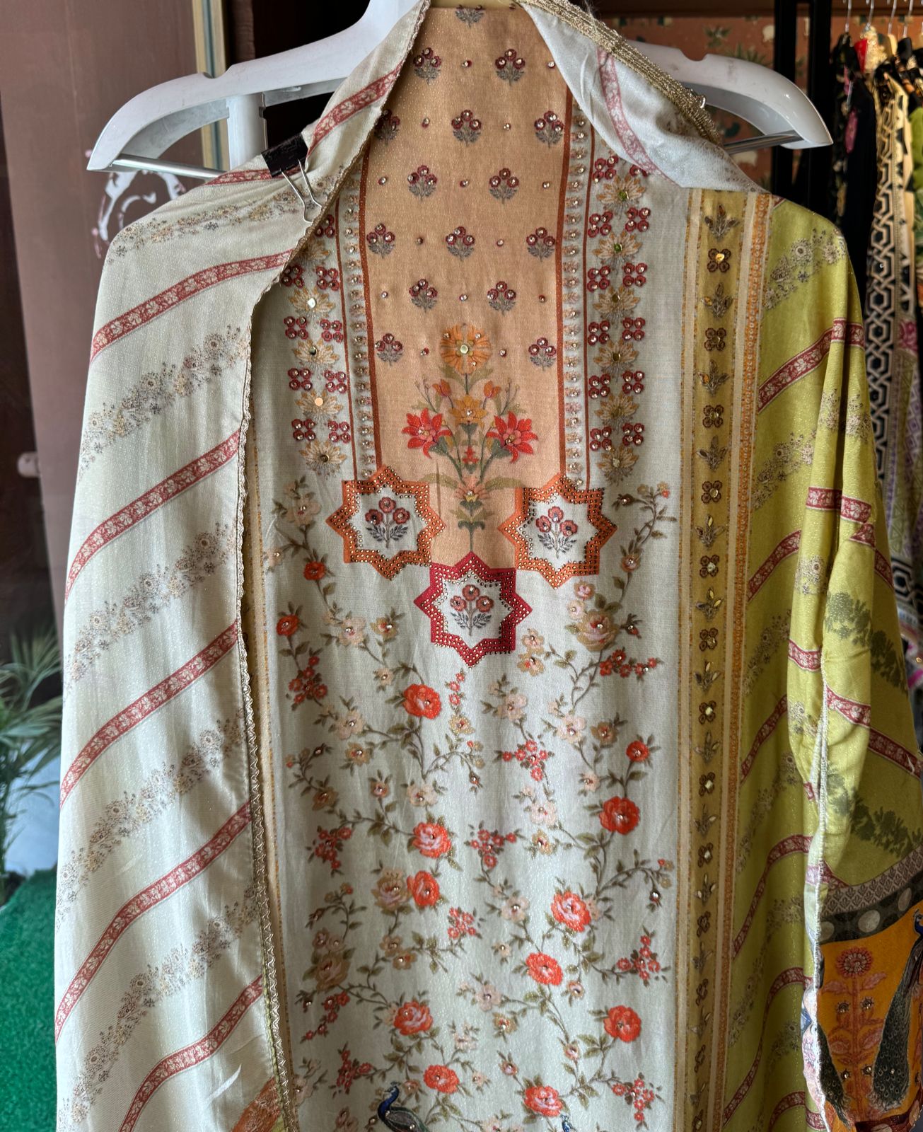 Pure shimmer muslin digital printed shirt Unstitched with handwork and stonework highlights.