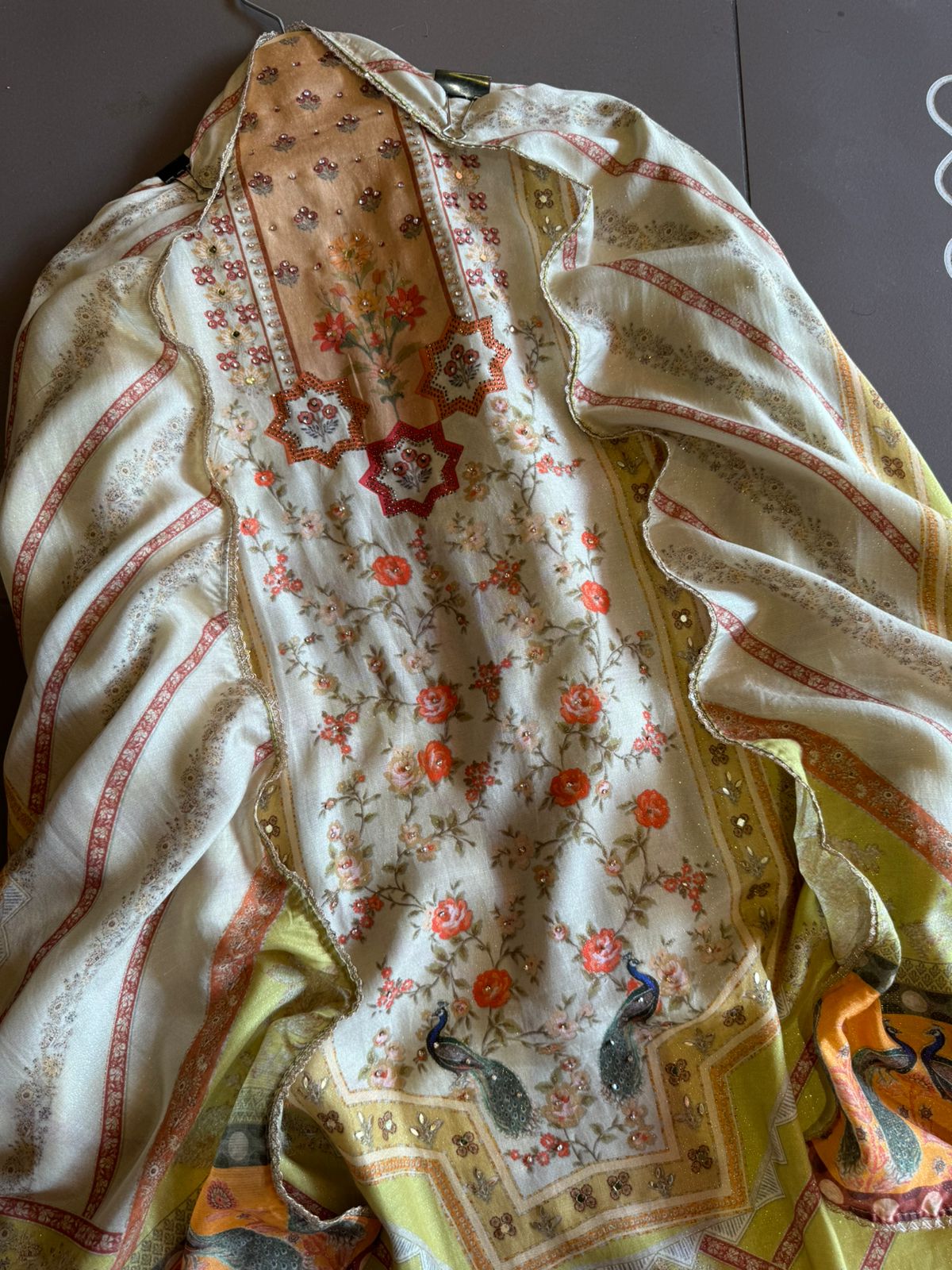 Pure shimmer muslin digital printed shirt Unstitched with handwork and stonework highlights.