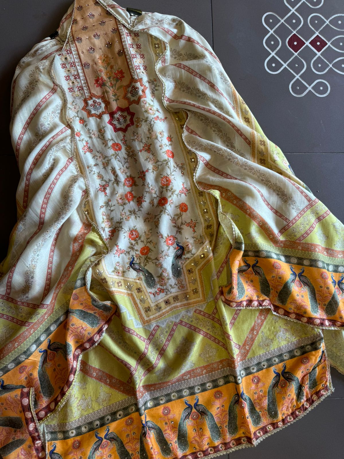 Pure shimmer muslin digital printed shirt Unstitched with handwork and stonework highlights.