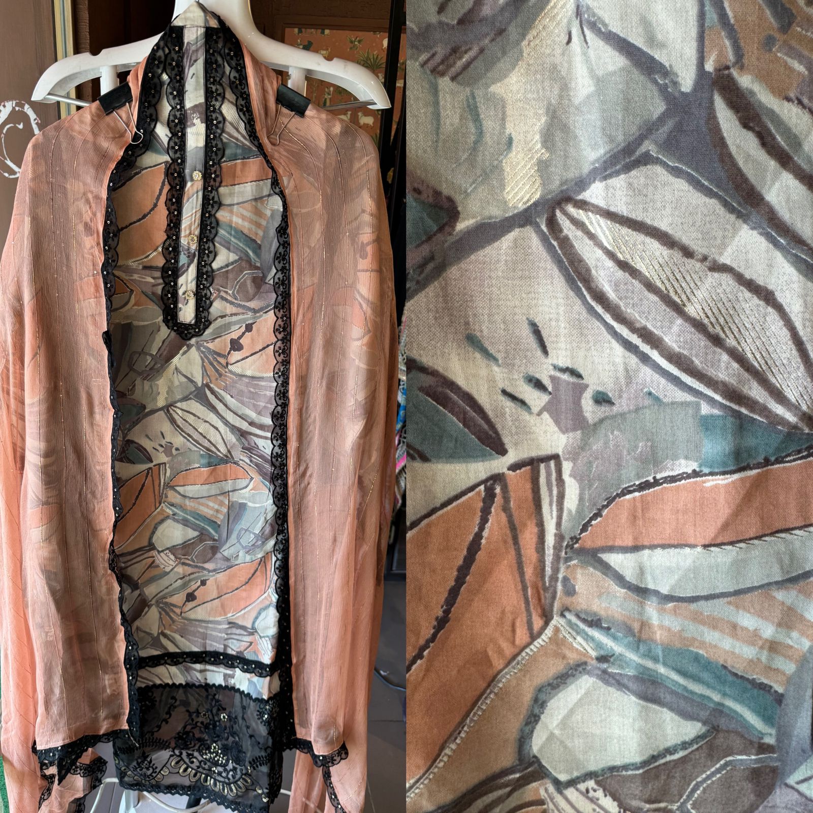 Cotton muslin Shirt Digital printed with Crochia neckline and designer thread