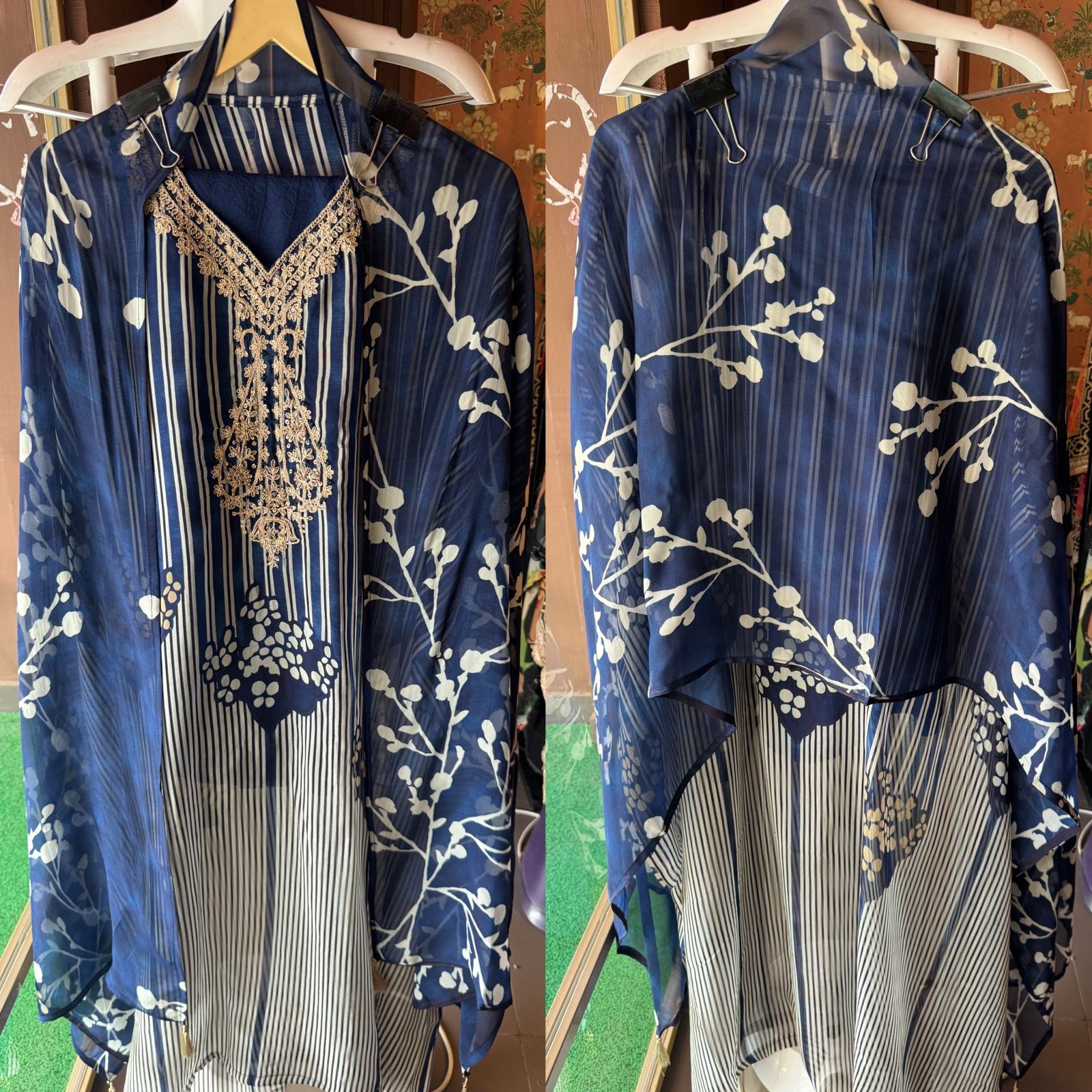 Soft digital printed organza shirt with beautiful dori and zari work on the neckline