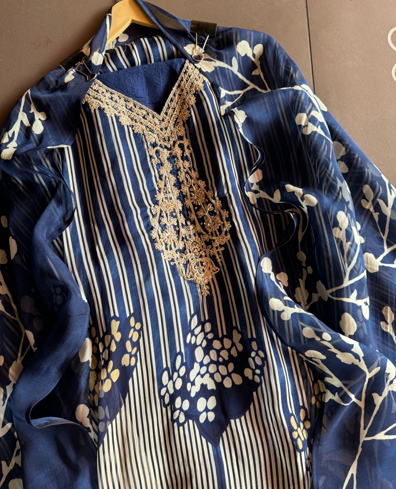 Soft digital printed organza shirt with beautiful dori and zari work on the neckline