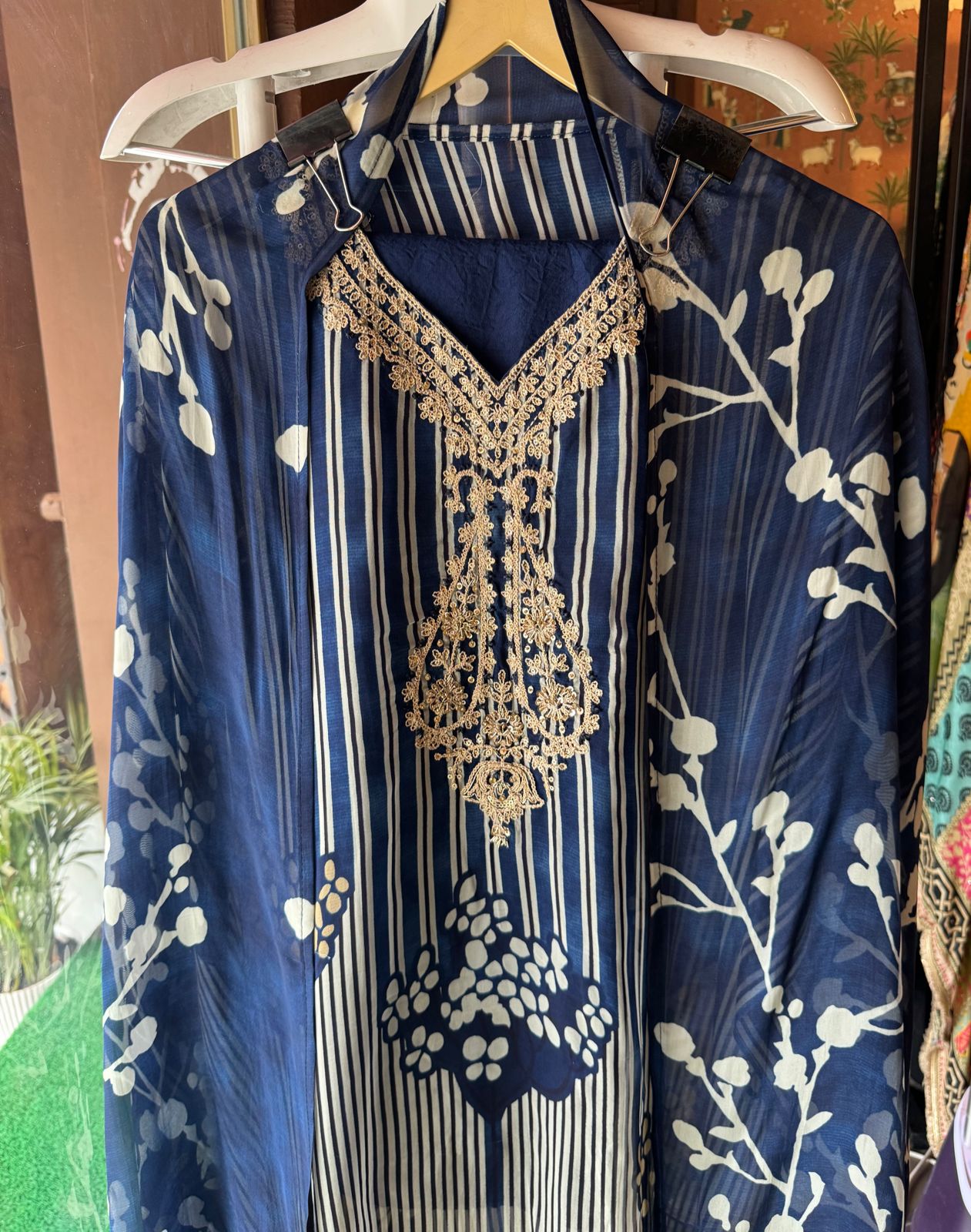 Soft digital printed organza shirt with beautiful dori and zari work on the neckline