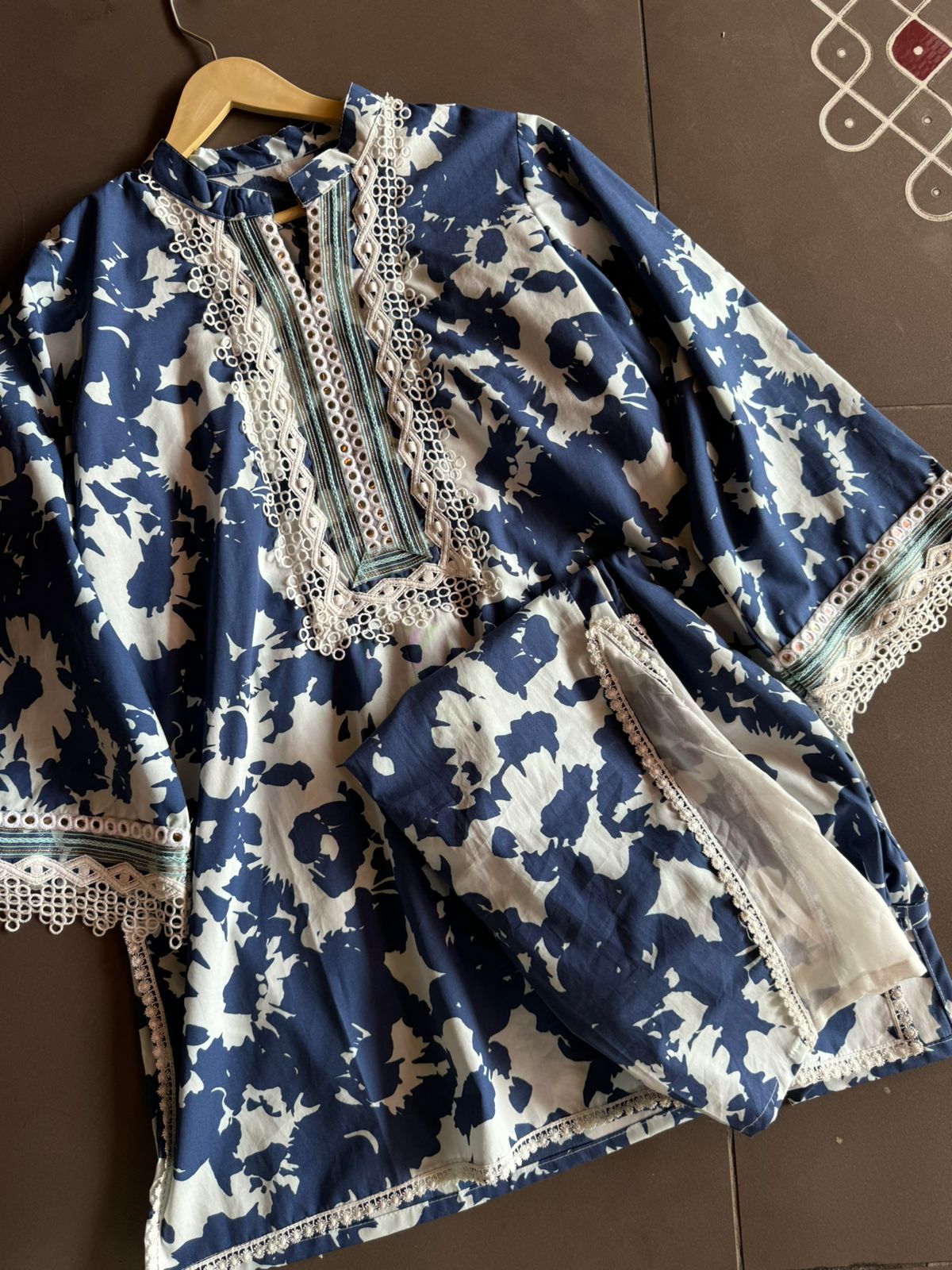 Cotton stitched COORD set digital printed with Lace detailings on the neckline