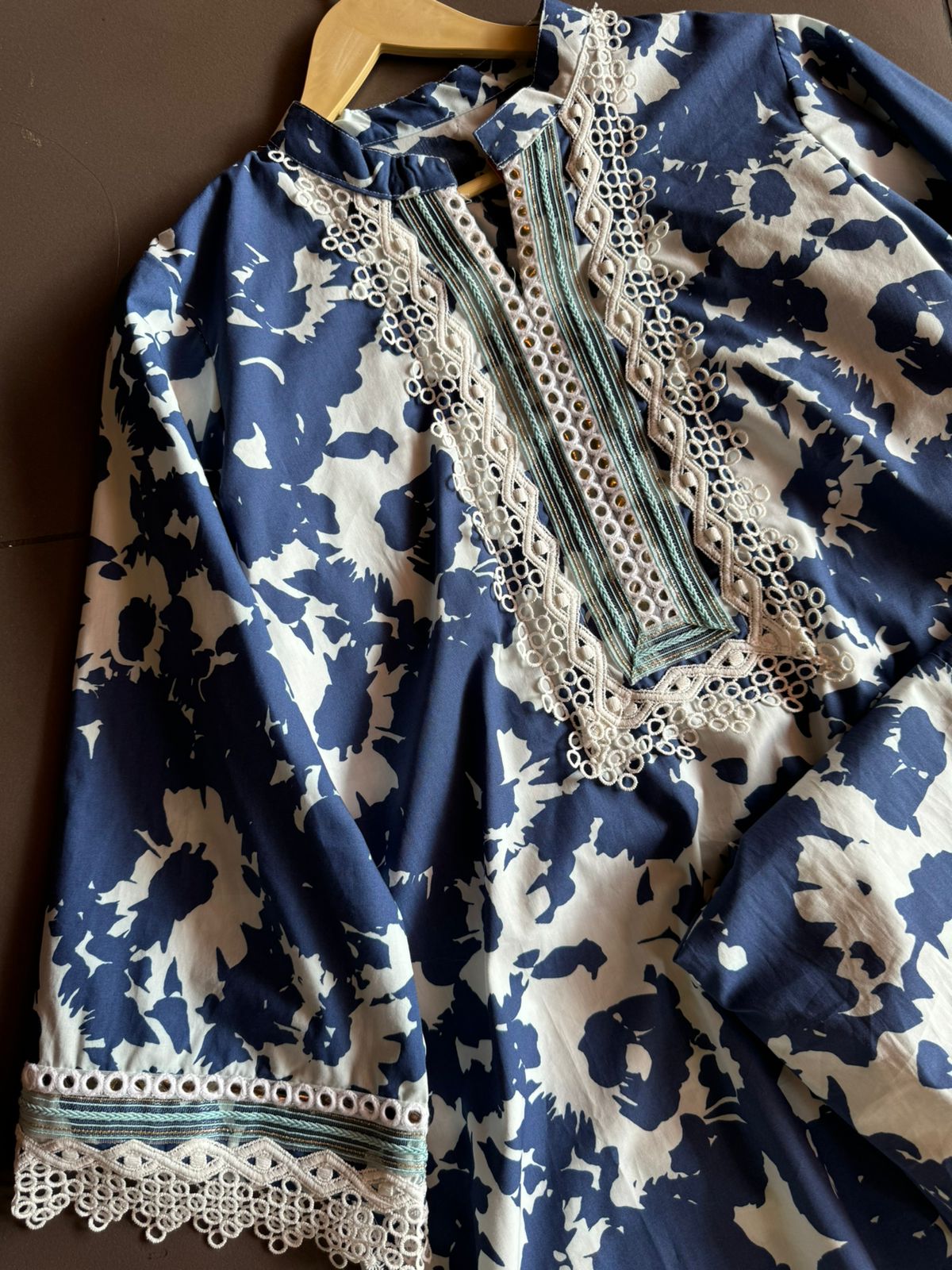 Cotton stitched COORD set digital printed with Lace detailings on the neckline