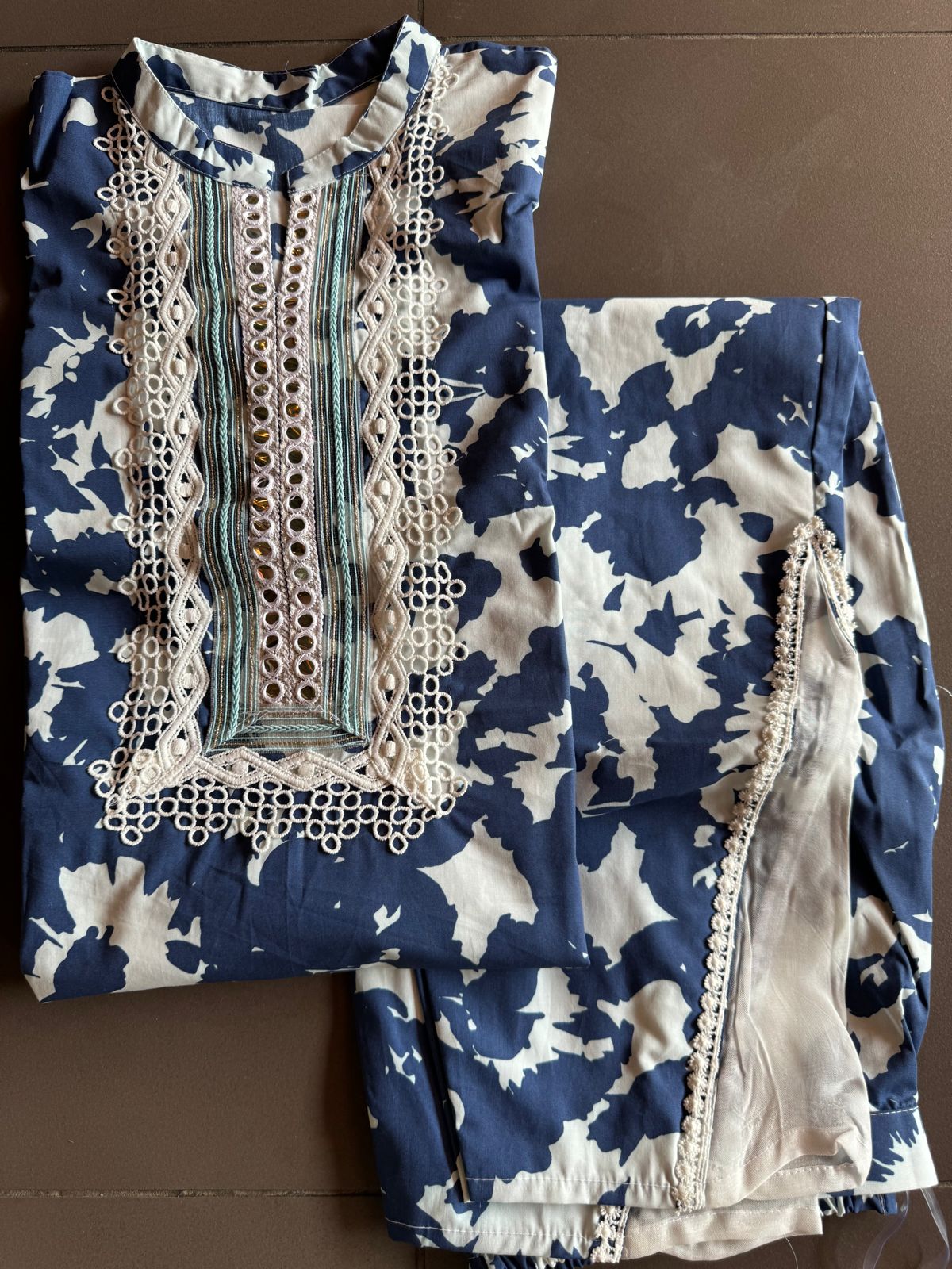 Cotton stitched COORD set digital printed with Lace detailings on the neckline