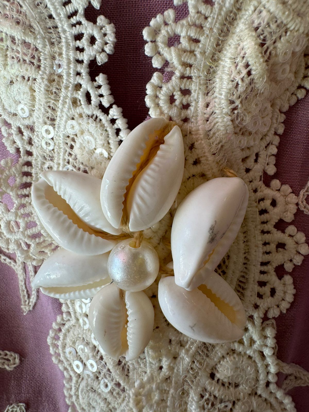 Soft linen cotton shirt (Unstitched)with crochia lace neck detailings with original shankh attached on the neckline