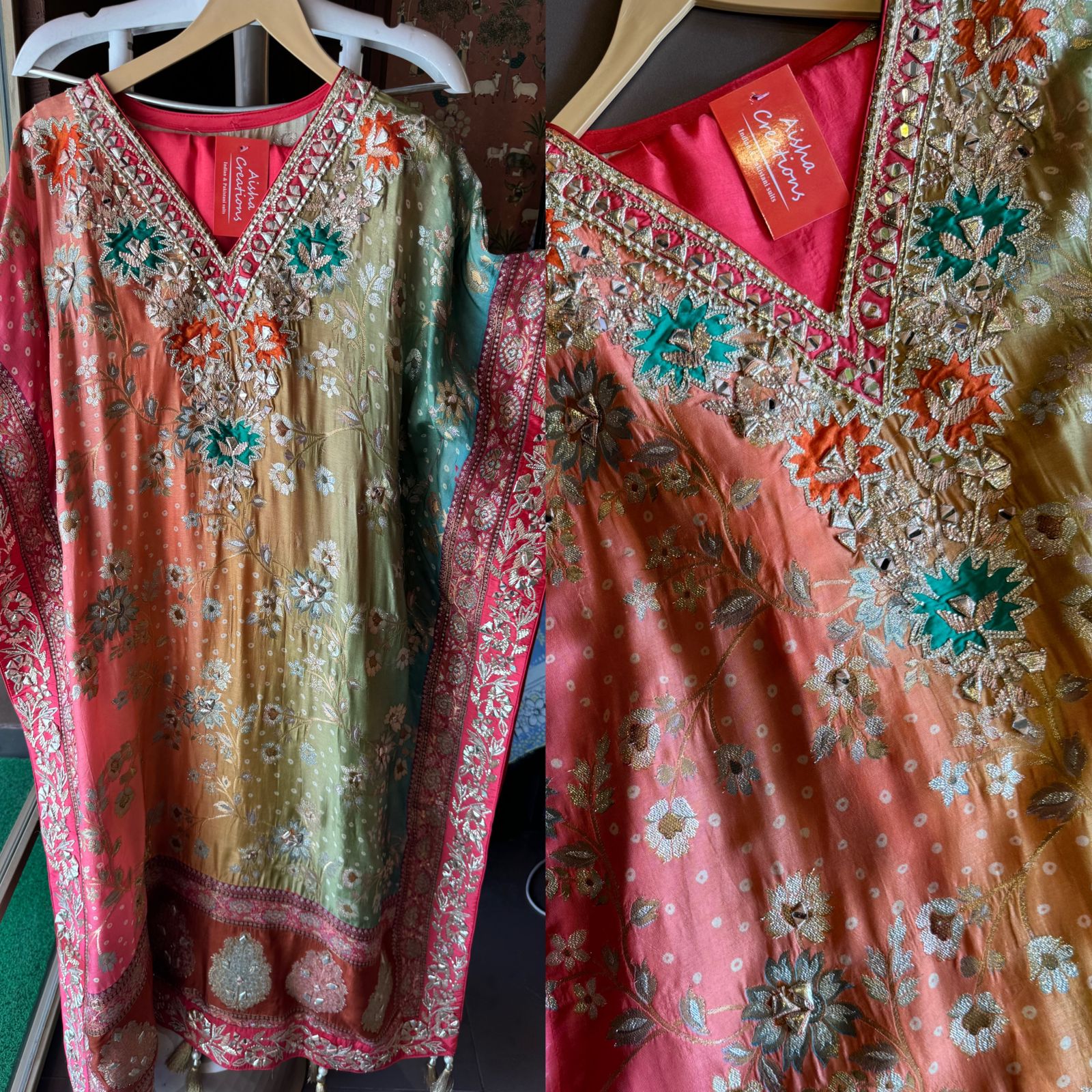 Beautiful Kaaftan set On Pure banarsi silk in Tri colour with complete zari and thread weaving on the full front and back