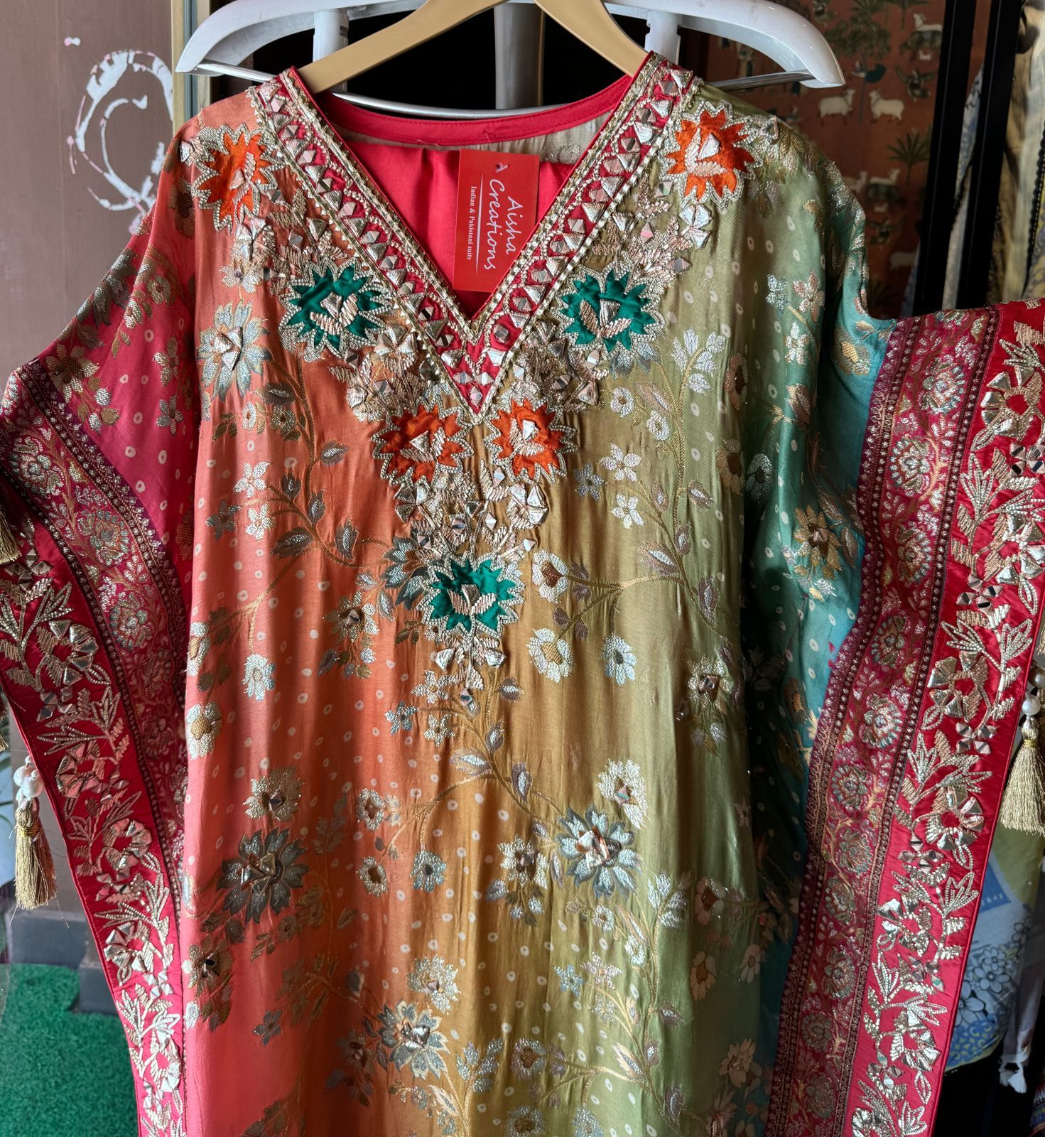 Beautiful Kaaftan set On Pure banarsi silk in Tri colour with complete zari and thread weaving on the full front and back