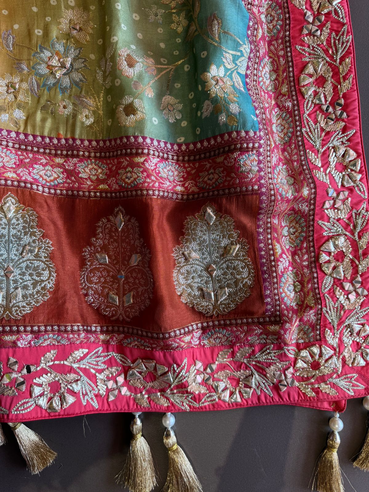 Beautiful Kaaftan set On Pure banarsi silk in Tri colour with complete zari and thread weaving on the full front and back