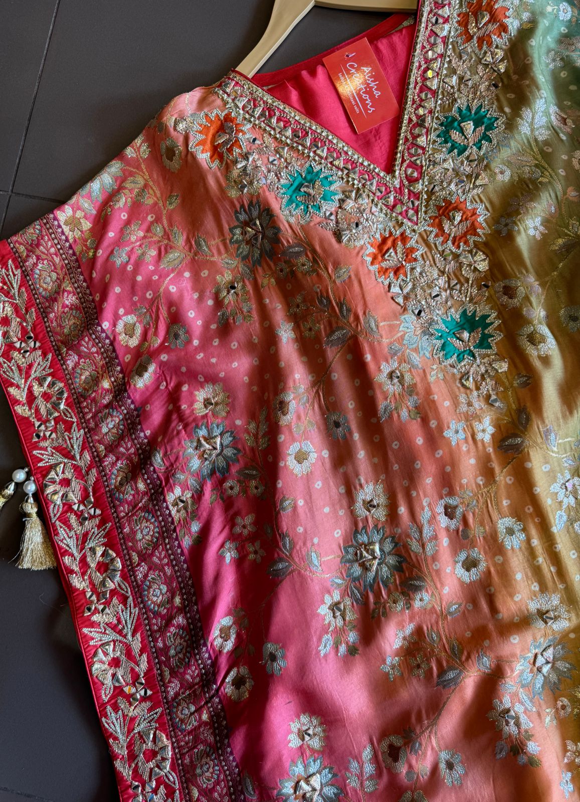 Beautiful Kaaftan set On Pure banarsi silk in Tri colour with complete zari and thread weaving on the full front and back