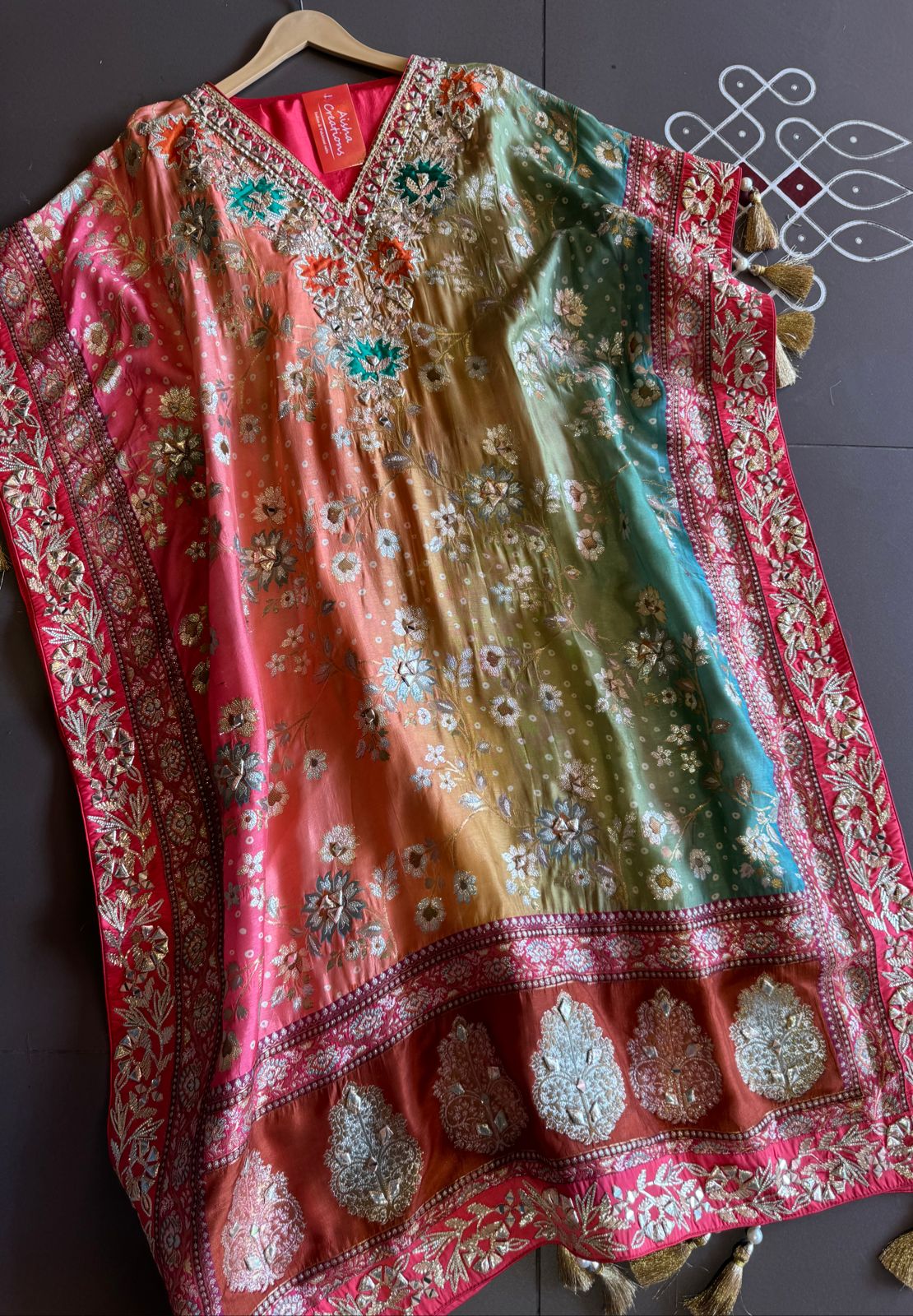 Beautiful Kaaftan set On Pure banarsi silk in Tri colour with complete zari and thread weaving on the full front and back