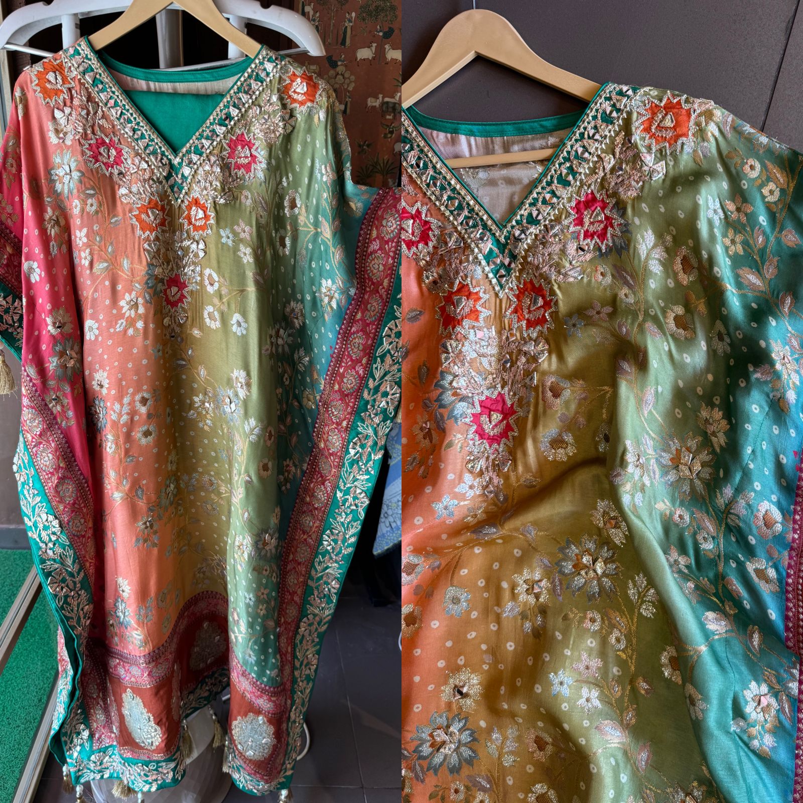 Beautiful Kaaftan set On Pure banarsi silk in Tri colour with complete zari and thread weaving on the full front and back