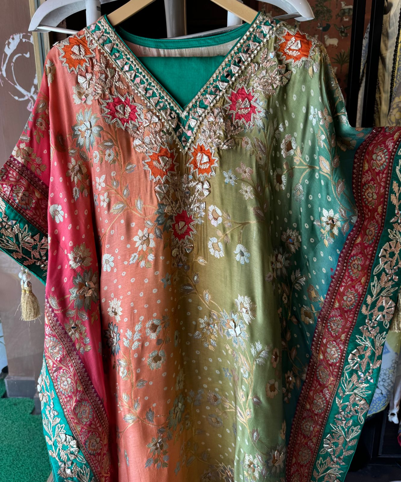 Beautiful Kaaftan set On Pure banarsi silk in Tri colour with complete zari and thread weaving on the full front and back