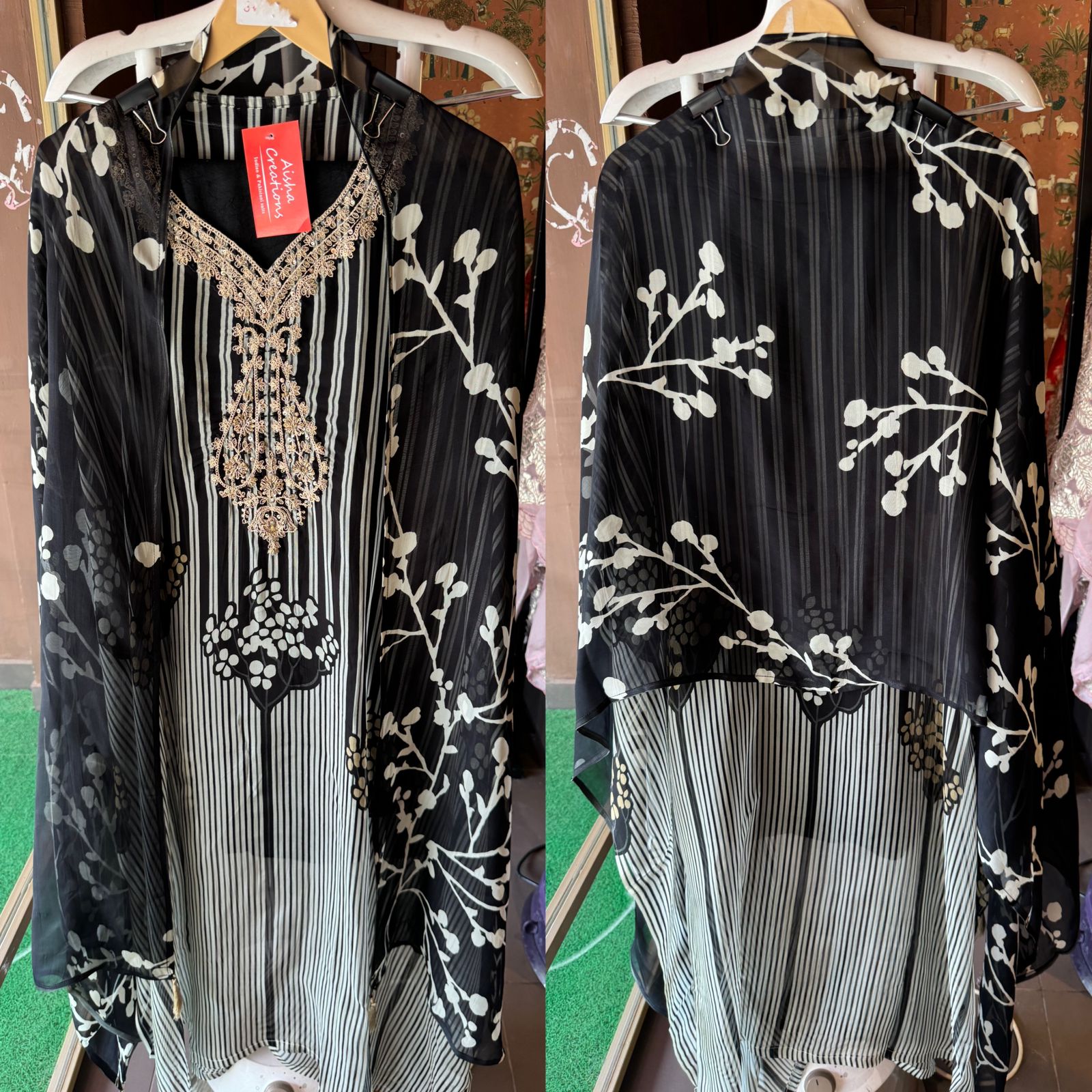 Soft digital printed organza shirt with beautiful dori and zari work on the neckline