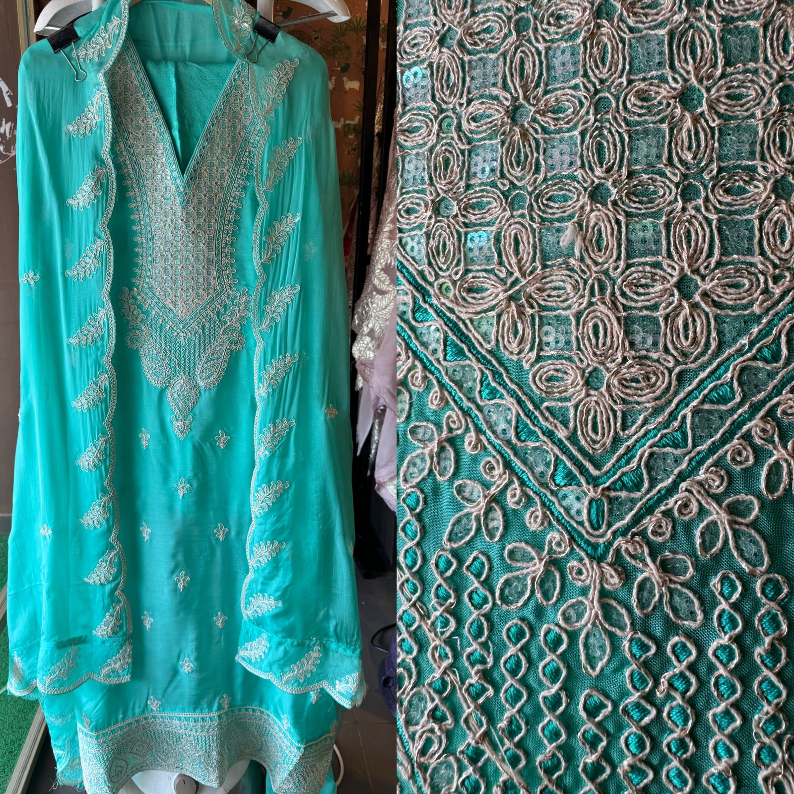 Soft organza Unstitched Suits with dori work on the full suit