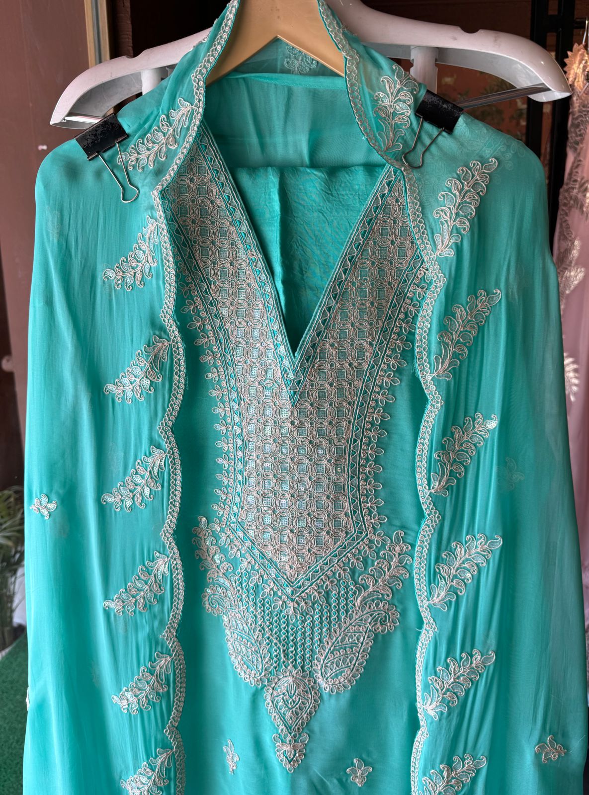 Soft organza Unstitched Suits with dori work on the full suit