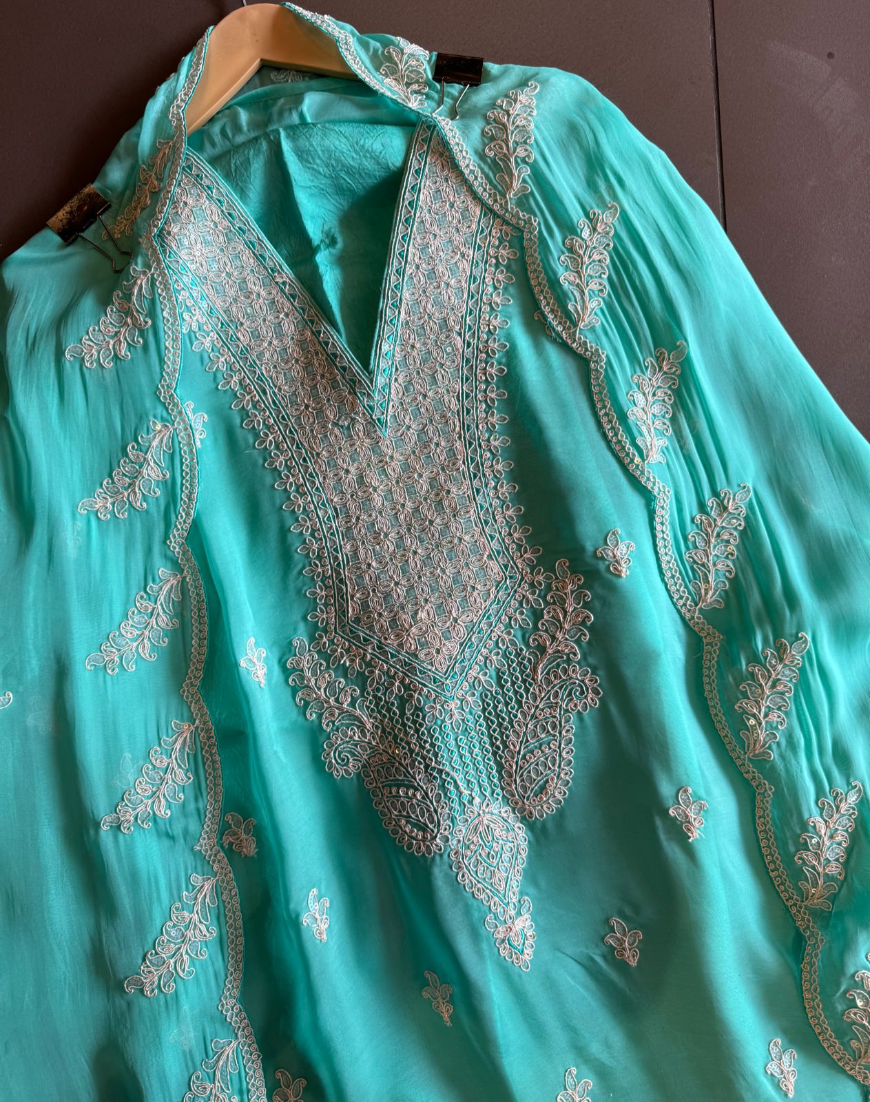 Soft organza Unstitched Suits with dori work on the full suit