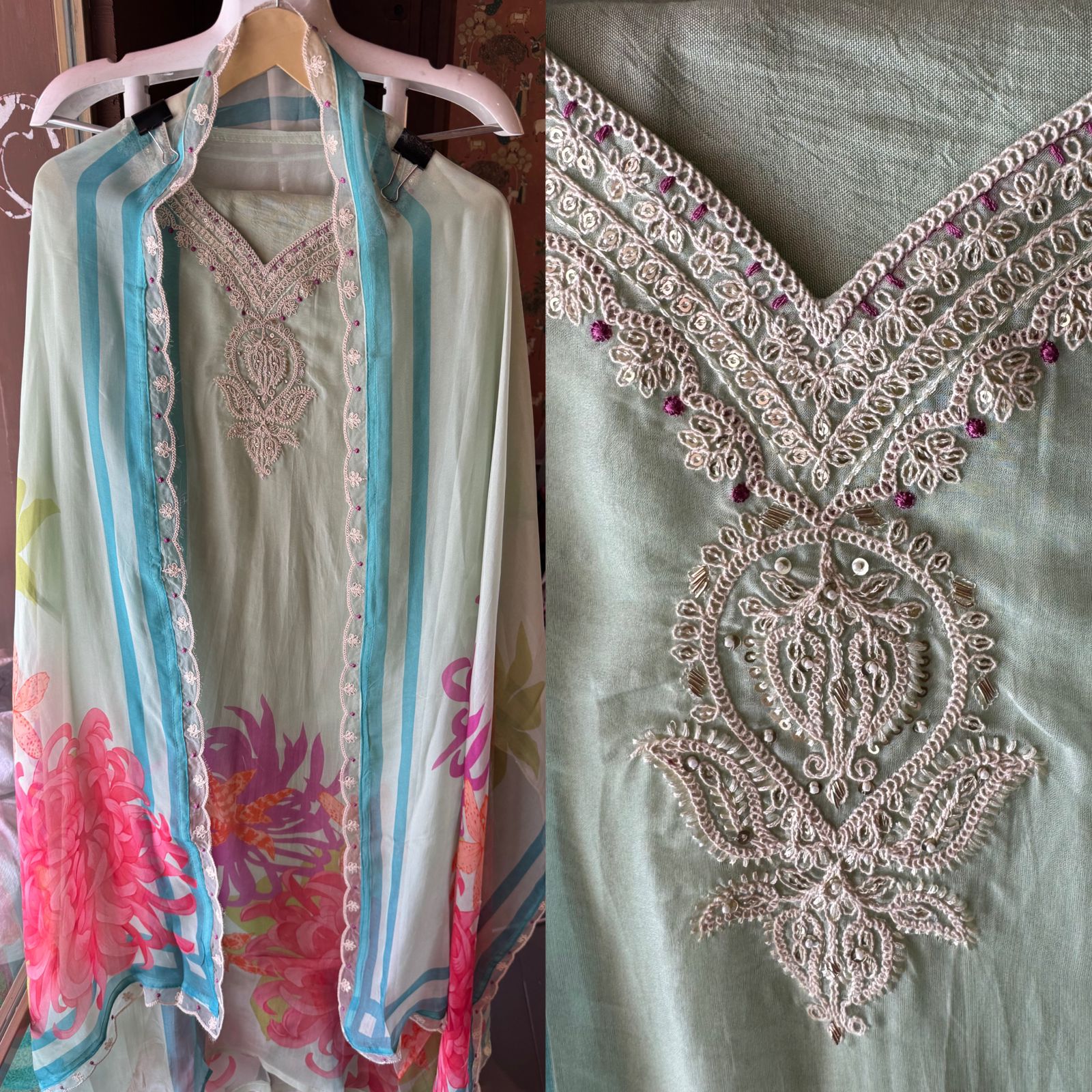 Soft digital floral printed organza shirt with beautiful dori