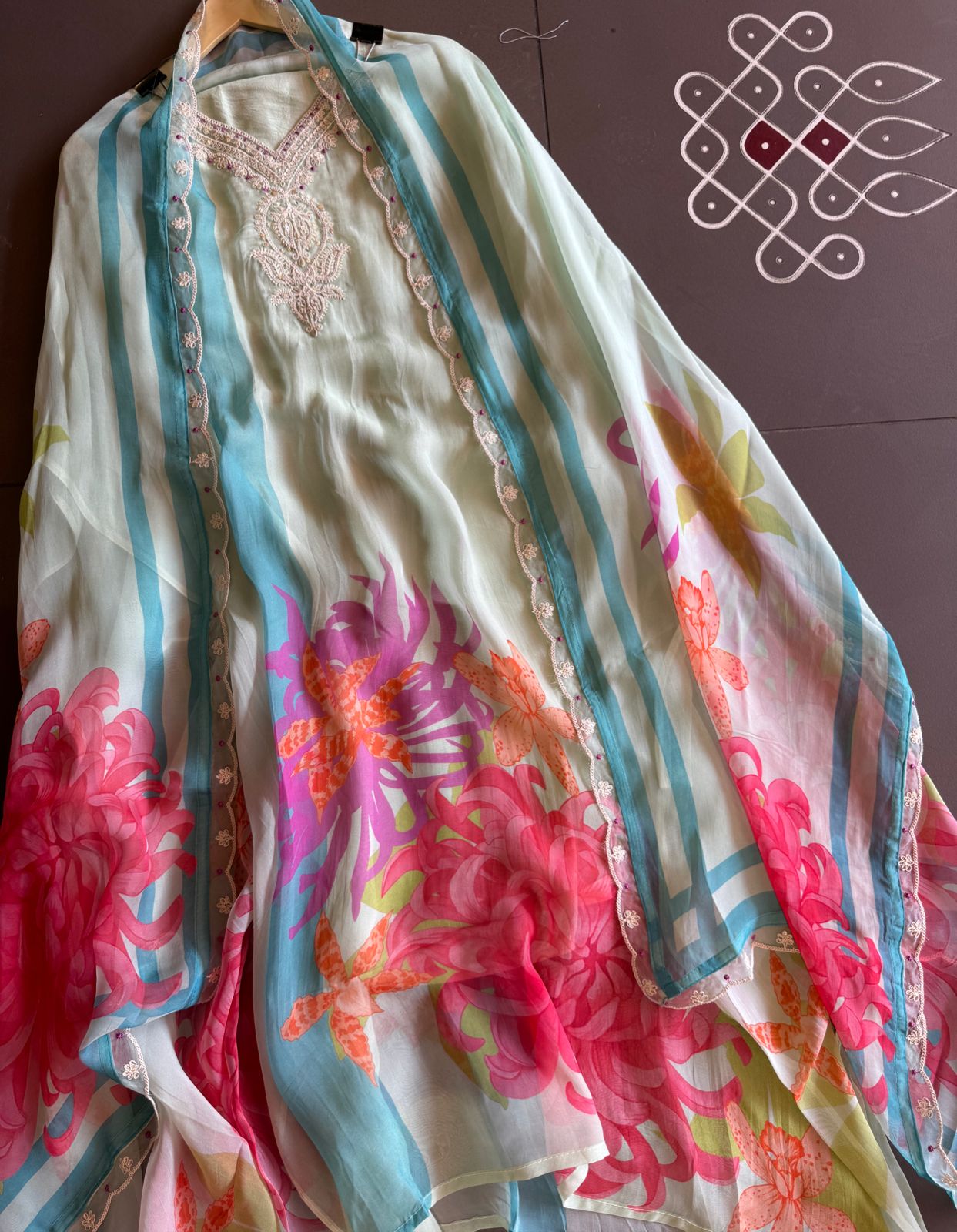 Soft digital floral printed organza shirt with beautiful dori