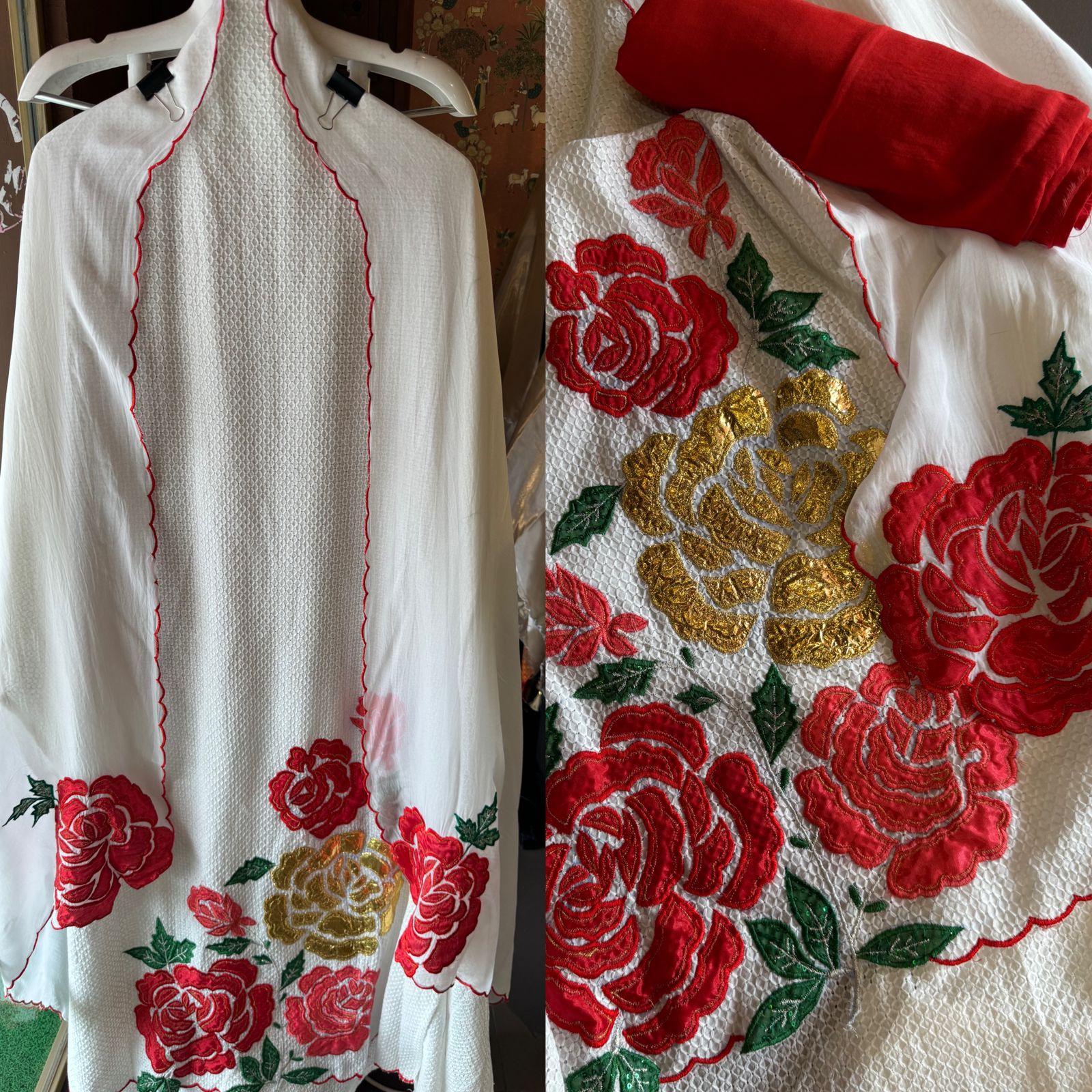 Pure self embroidered white checks cotton shirt front back fabric (Full in size)