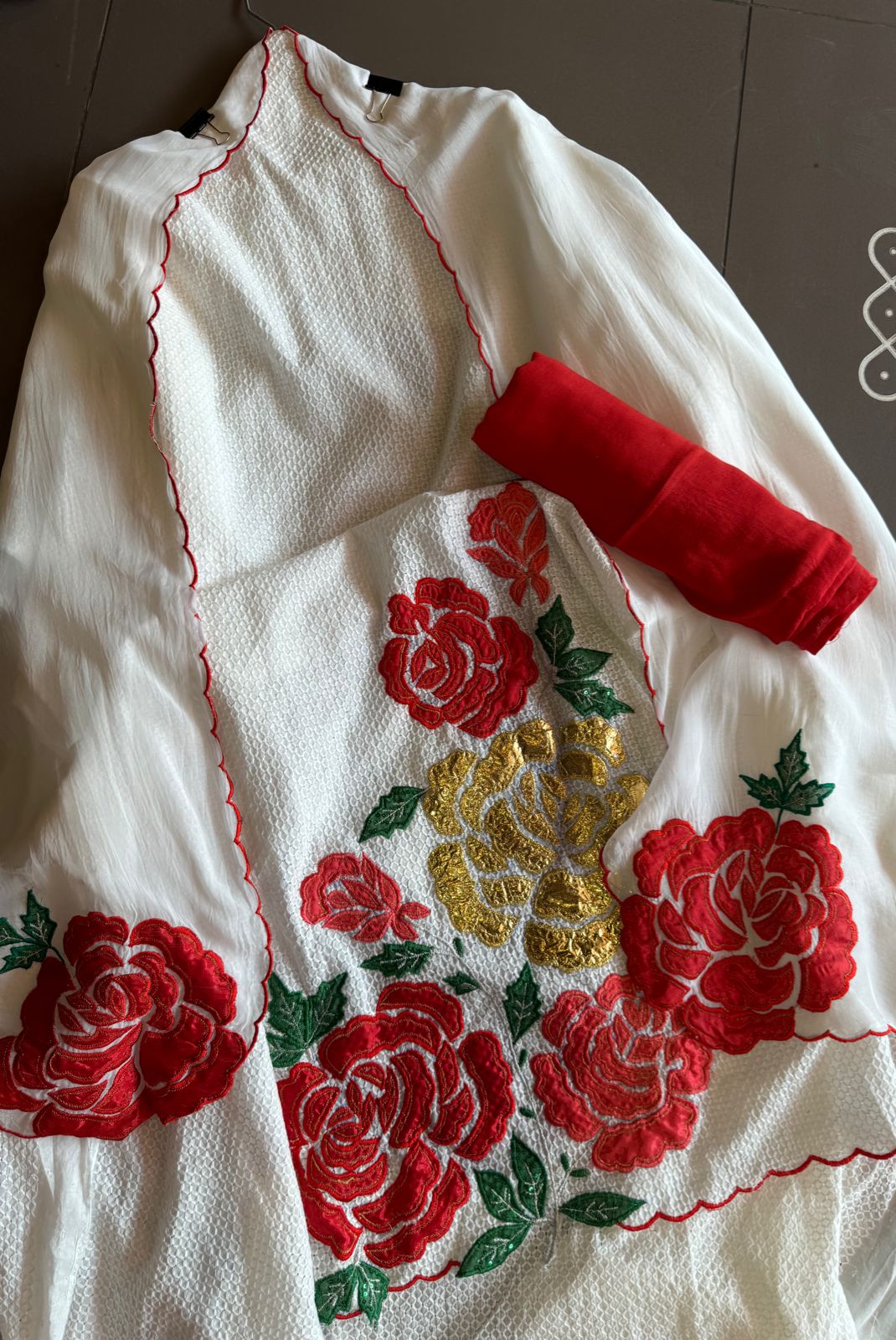 Pure self embroidered white checks cotton shirt front back fabric (Full in size)